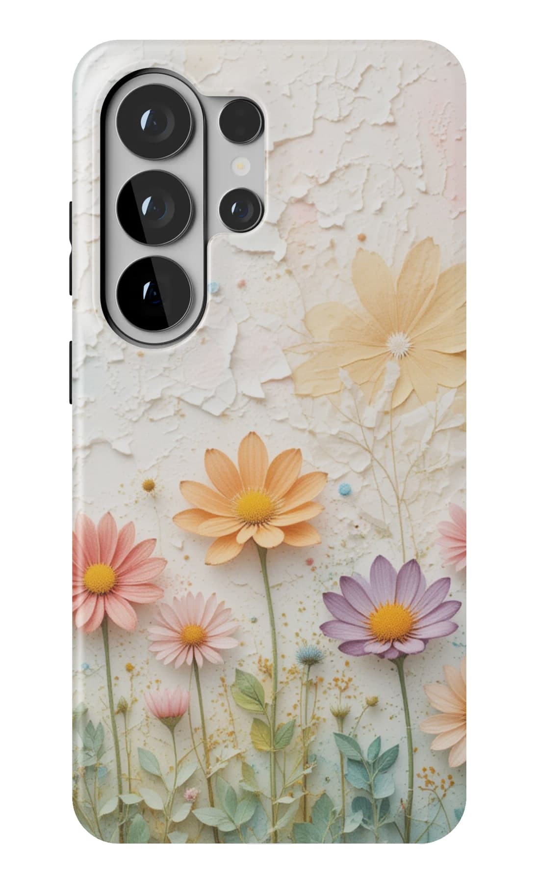 Yellow daisies on soft blue plaster. Shown on a Galaxy.