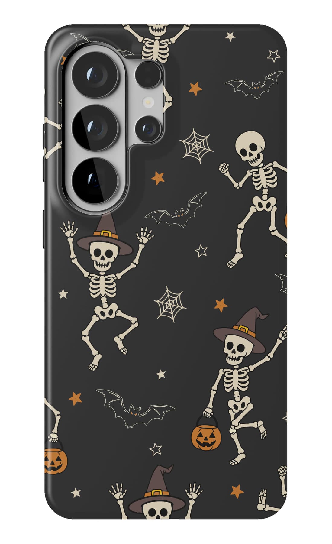 Skeletons mid-dance on black. Shown on a Galaxy.