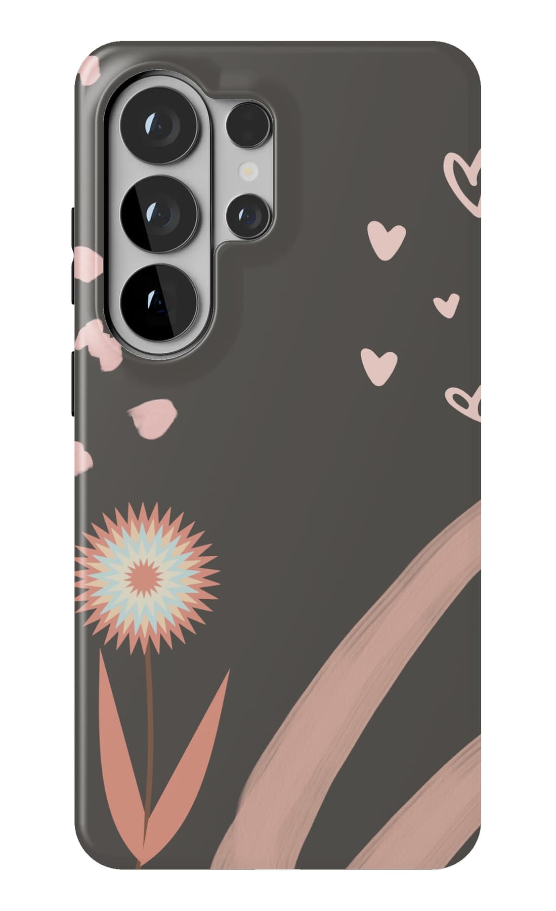 A dandelion and drifting hearts on charcoal. Shown on a Galaxy.