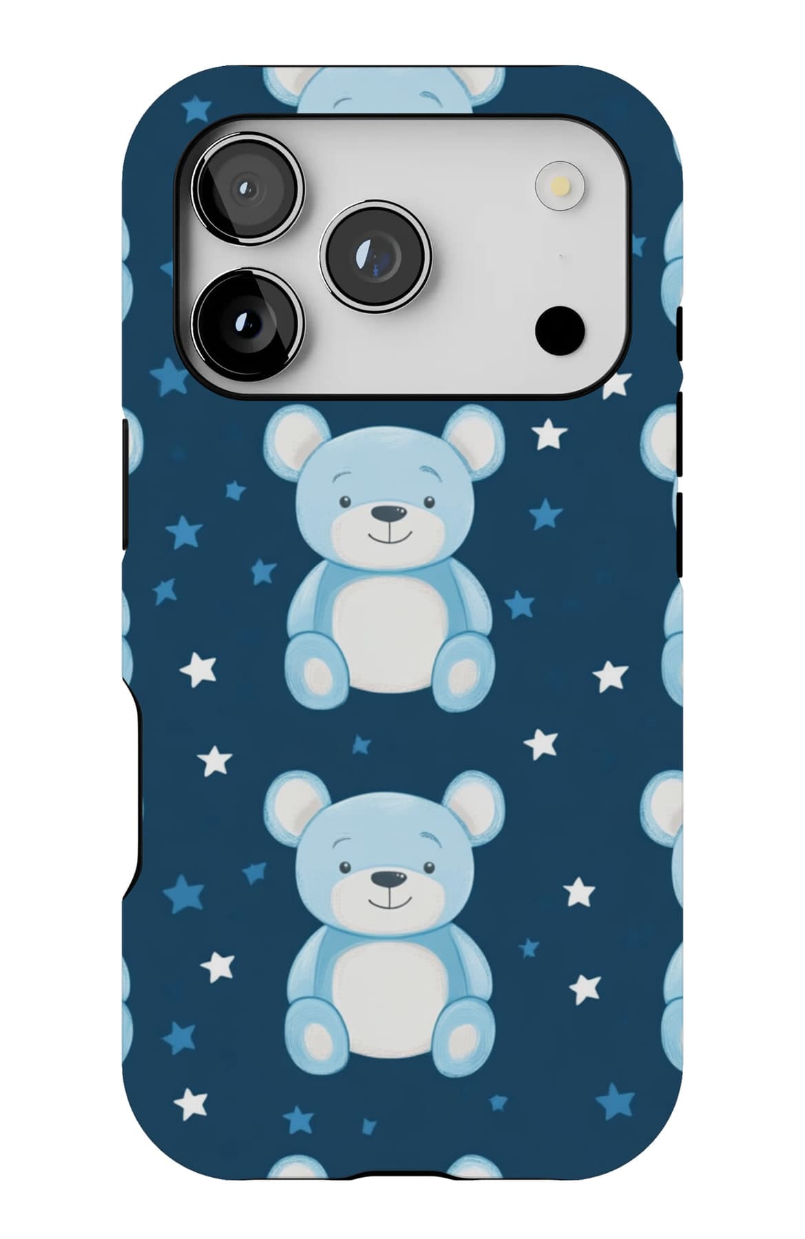 Teddies and stars on deep blue. Shown on an iPhone.