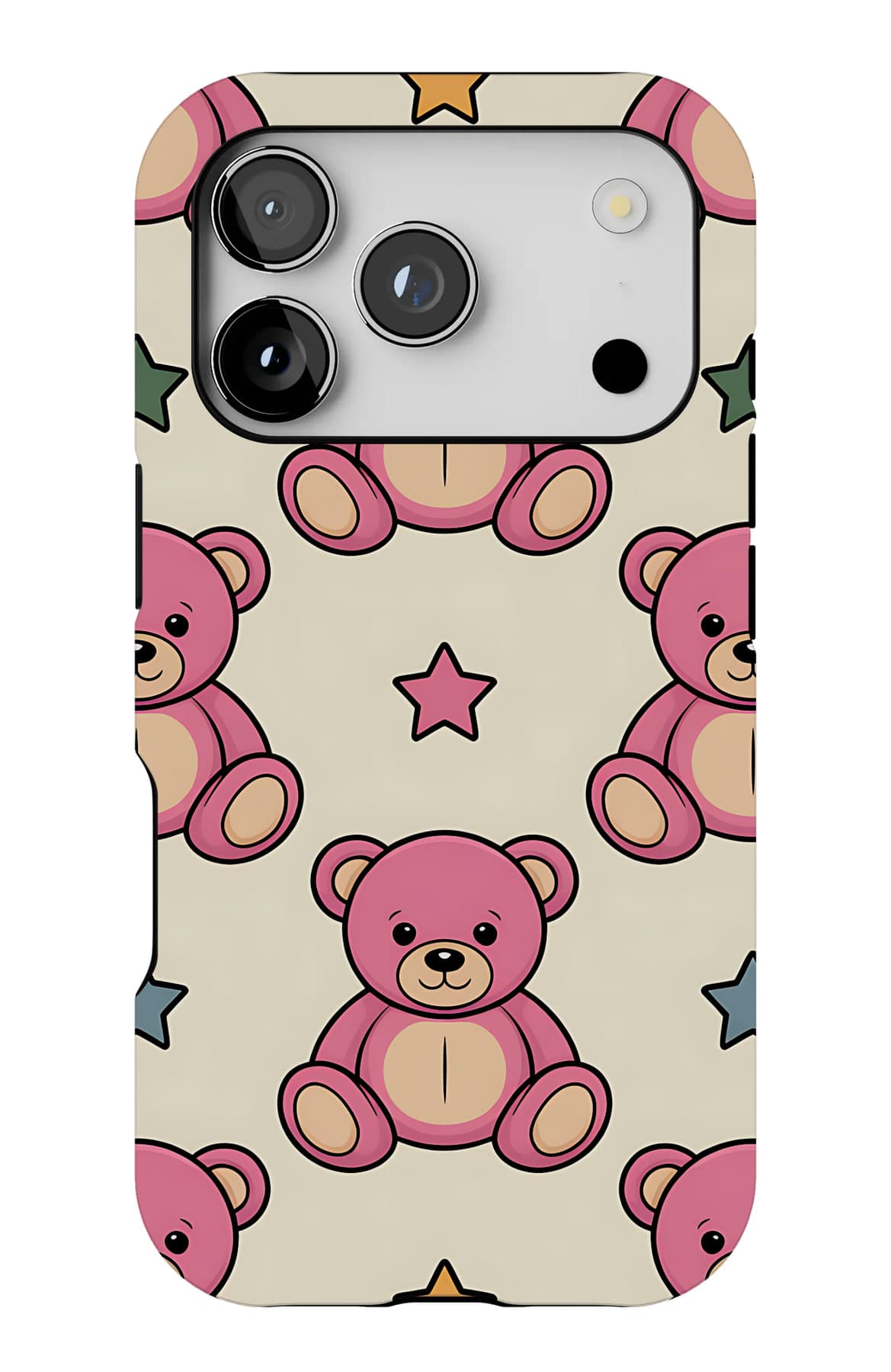 Pink teddies between small black dots. Shown on an iPhone.