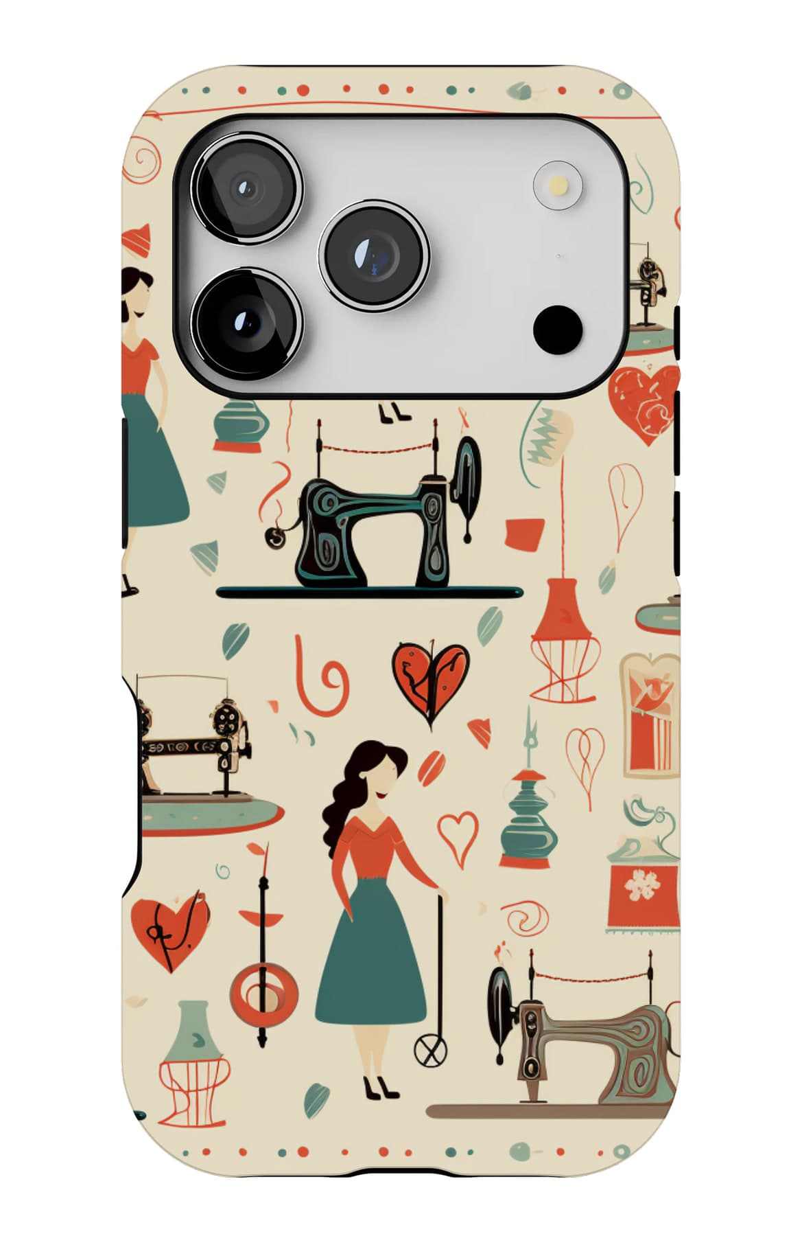 Dressmakers at work, on cream. Shown on an iPhone.