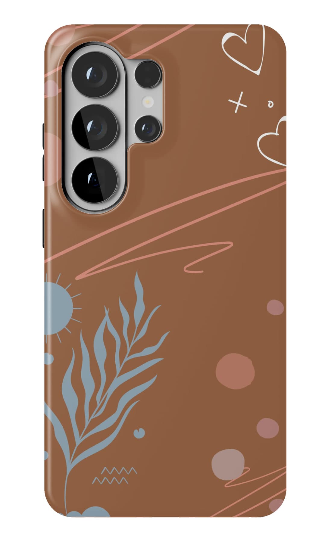 A fern and pale arcs on chocolate brown. Shown on a Galaxy.