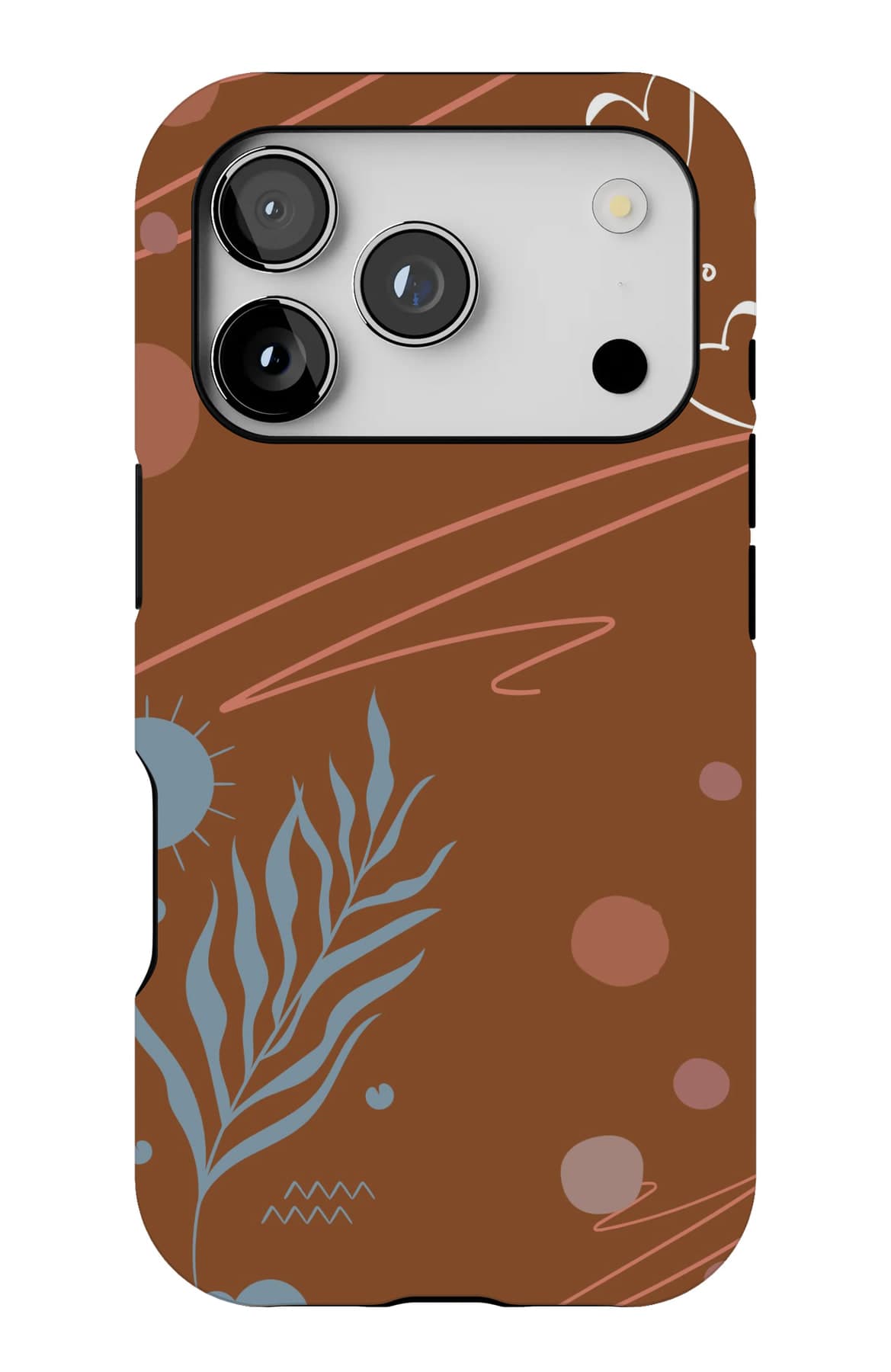 A fern and pale arcs on chocolate brown. Shown on an iPhone.