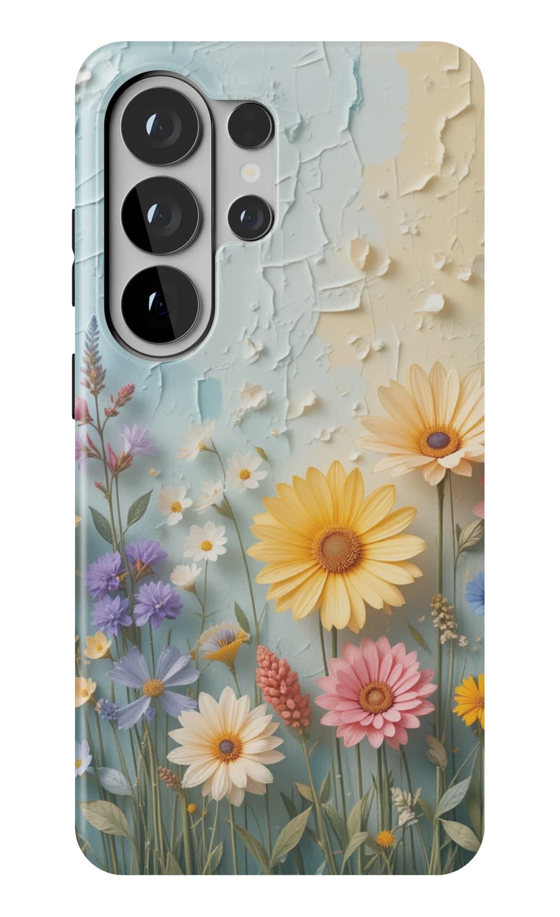 A field of daisies against blue. Shown on a Galaxy.