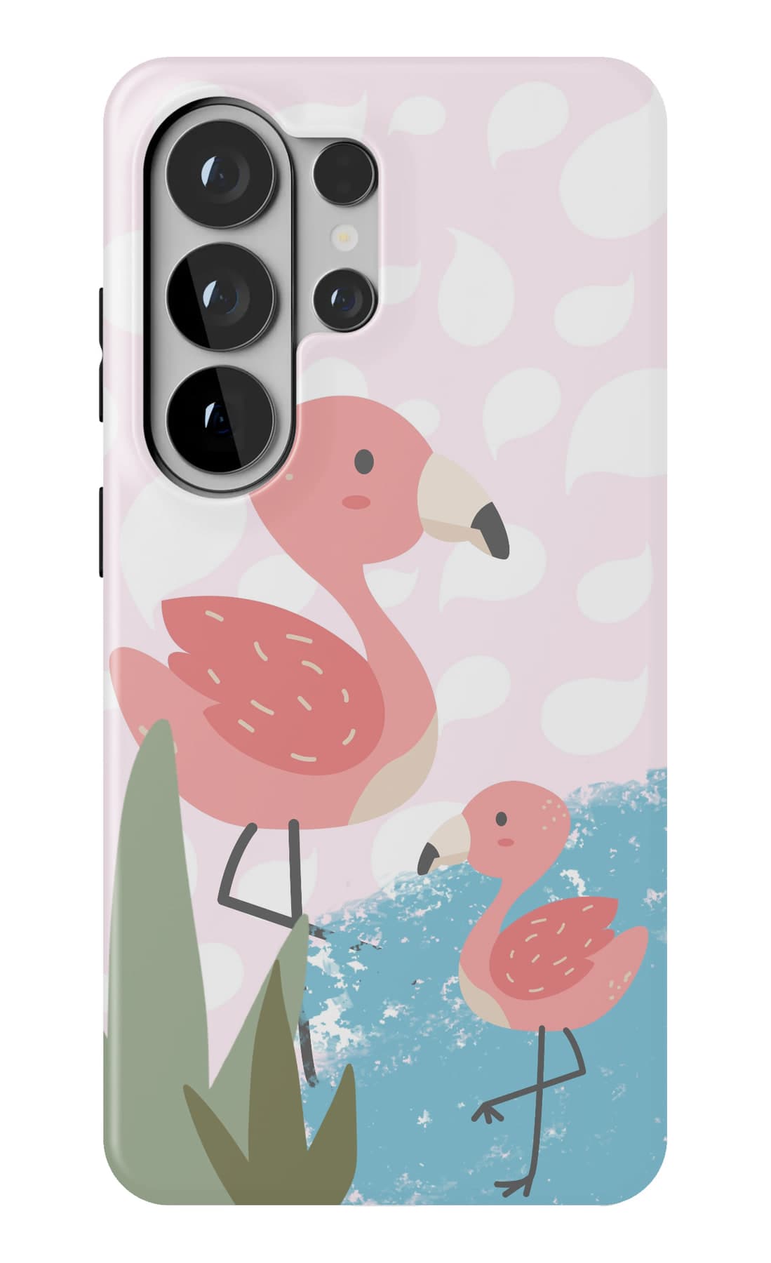 A flamingo and her chick among reeds. Shown on a Galaxy.
