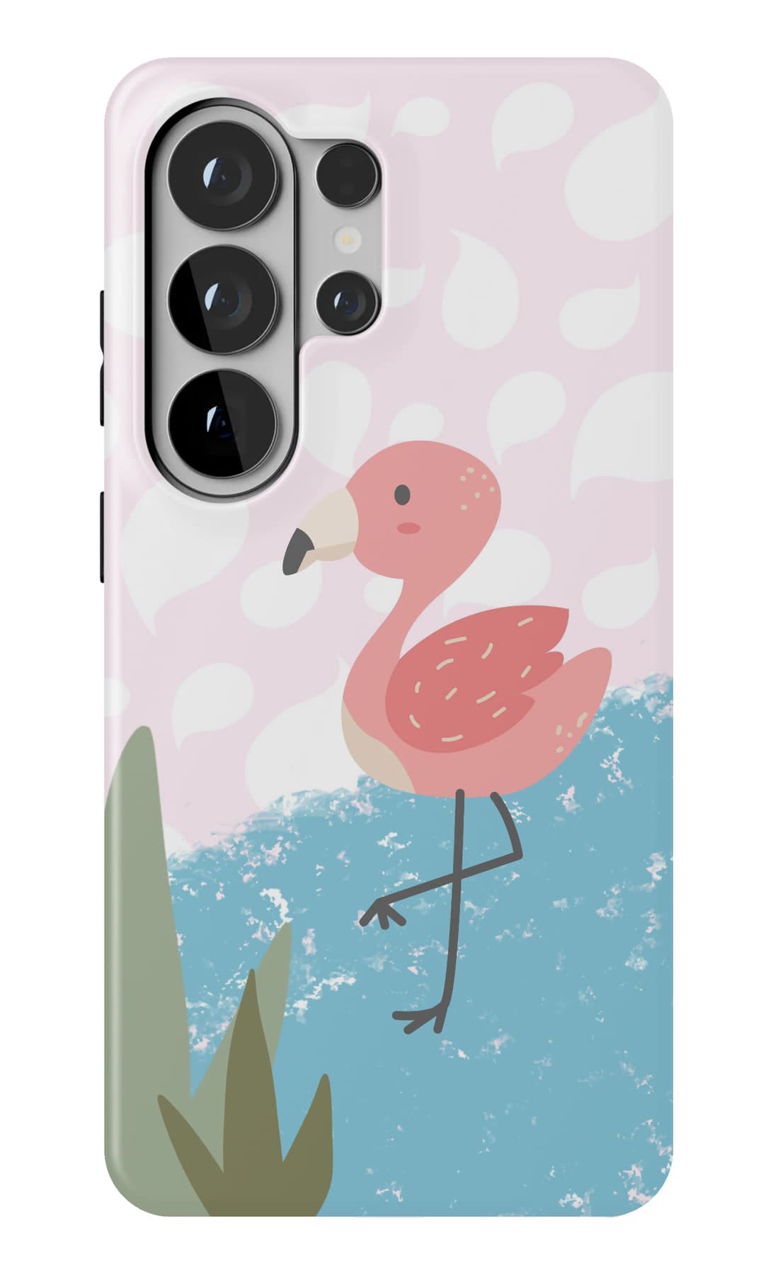 One flamingo standing in shallow water. Shown on a Galaxy.