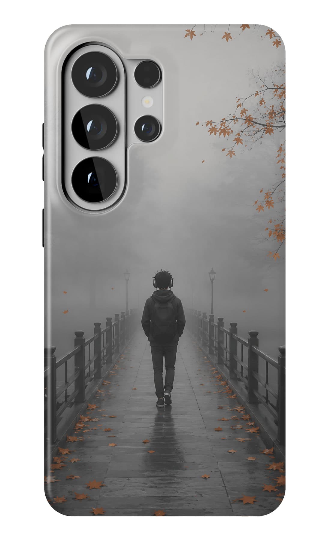 A bridge disappearing into grey fog. Shown on a Galaxy.