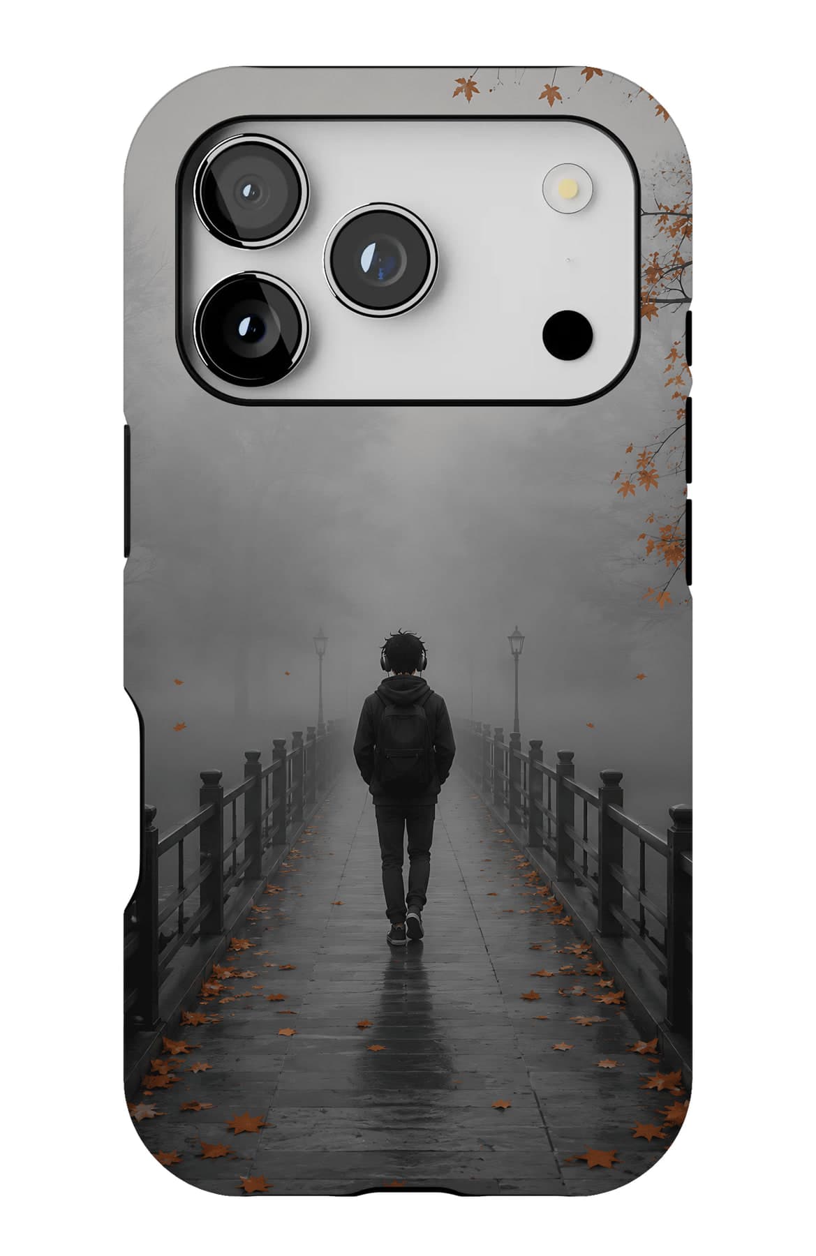 A bridge disappearing into grey fog. Shown on an iPhone.