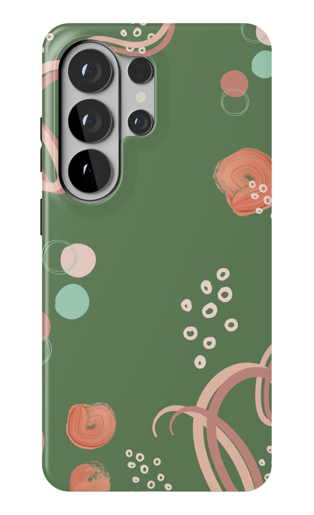 Coral ribbons unwinding on forest green. Shown on a Galaxy.