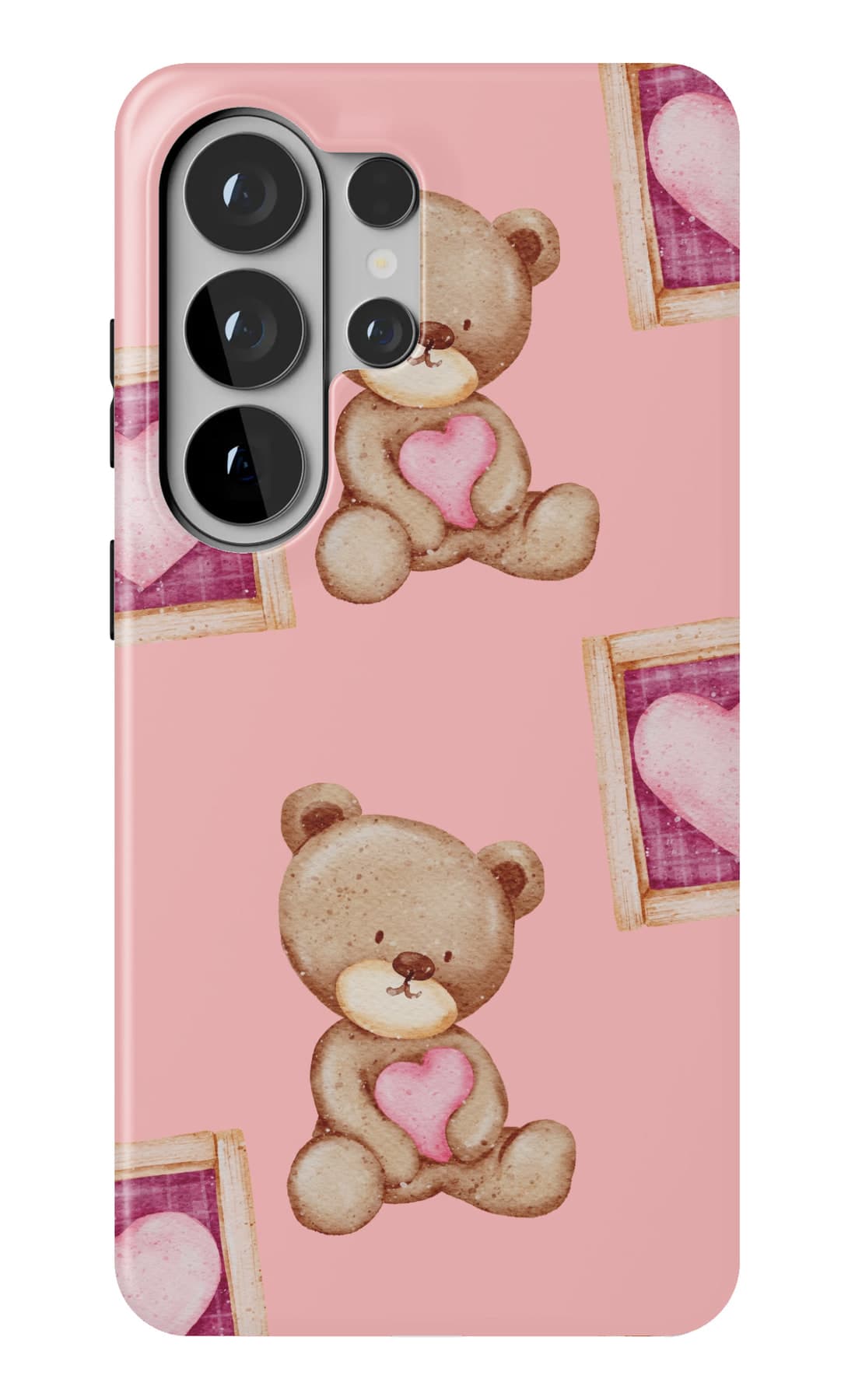 A teddy framed in pink, with hearts. Shown on a Galaxy.