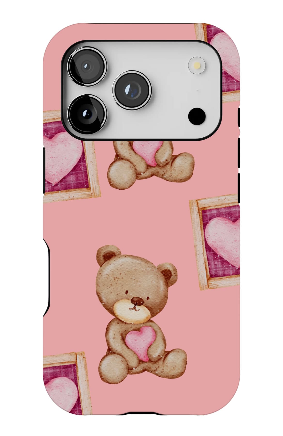 A teddy framed in pink, with hearts. Shown on an iPhone.
