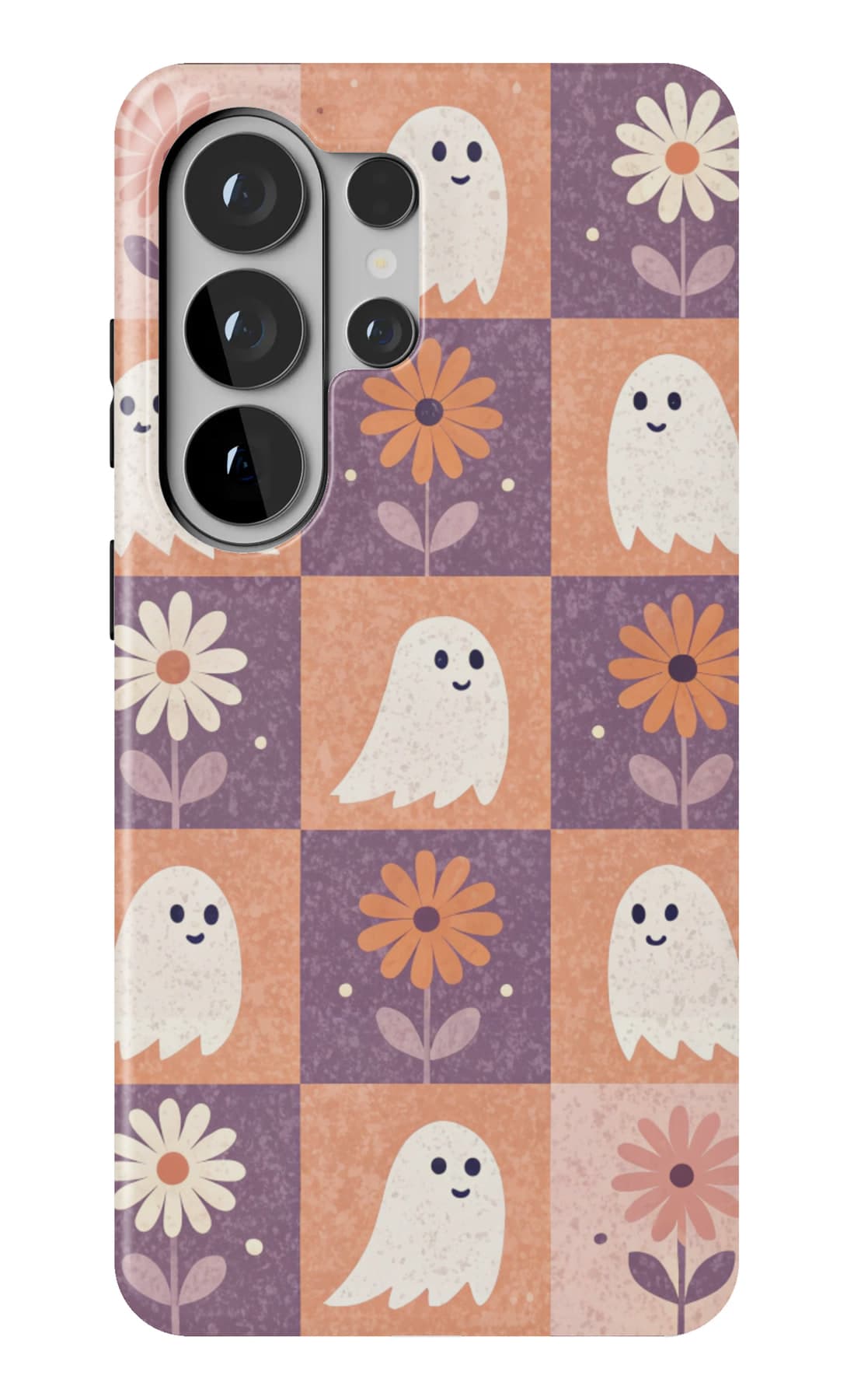 Ghosts and flowers on an orange check. Shown on a Galaxy.