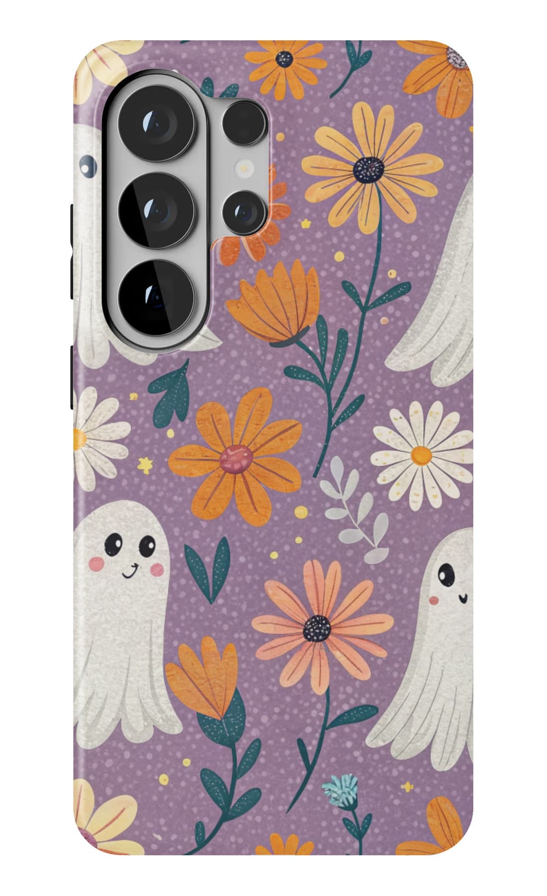 Ghosts and daisies on deep purple. Shown on a Galaxy.