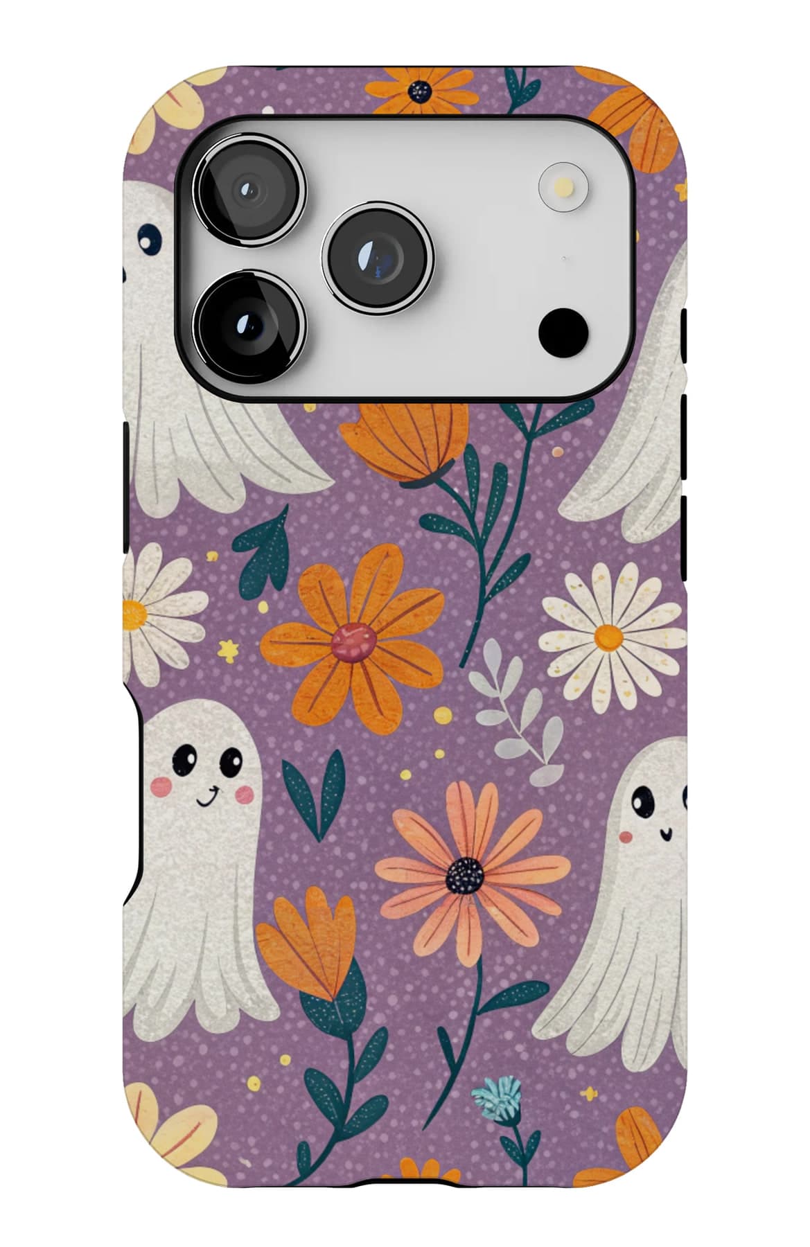 Ghosts and daisies on deep purple. Shown on an iPhone.