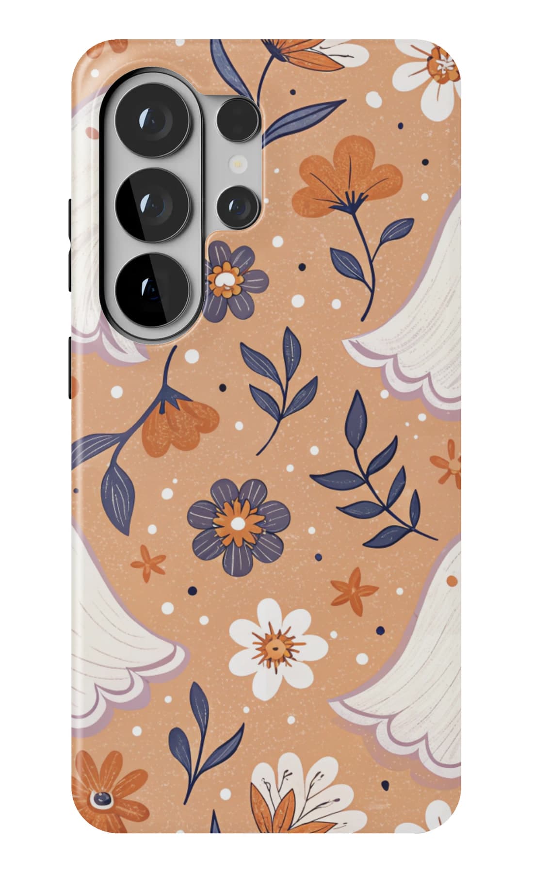 White ghosts among marigolds on orange. Shown on a Galaxy.