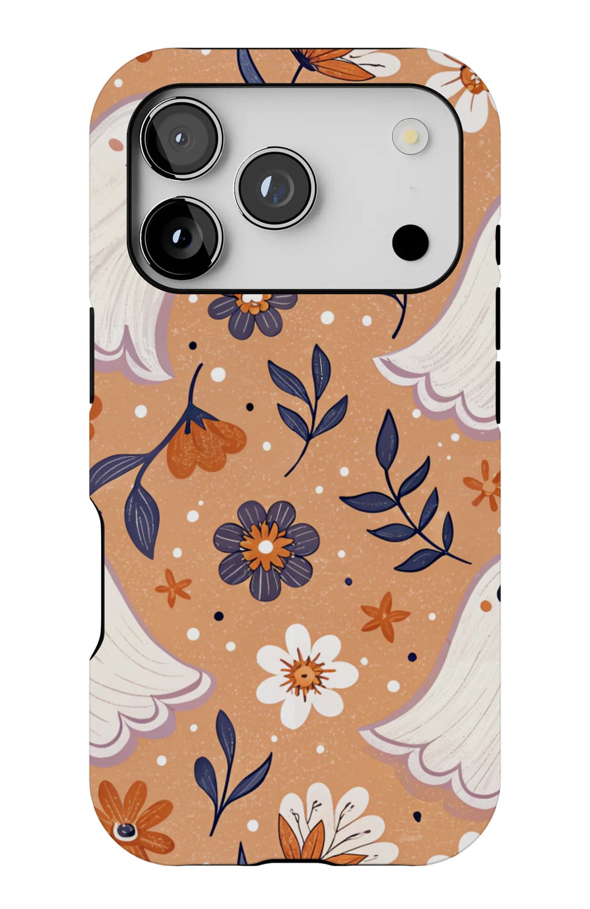 White ghosts among marigolds on orange. Shown on an iPhone.