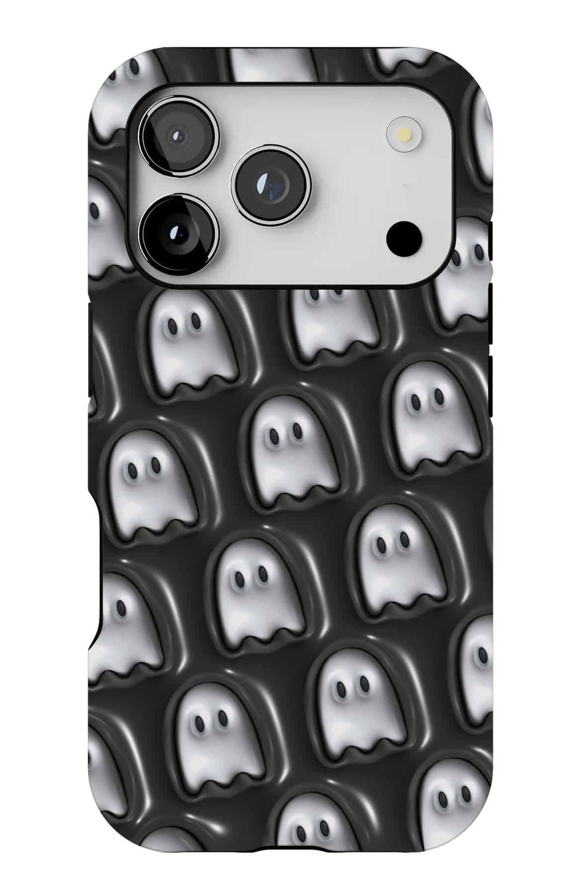 Rows of small ghosts on black. Shown on an iPhone.