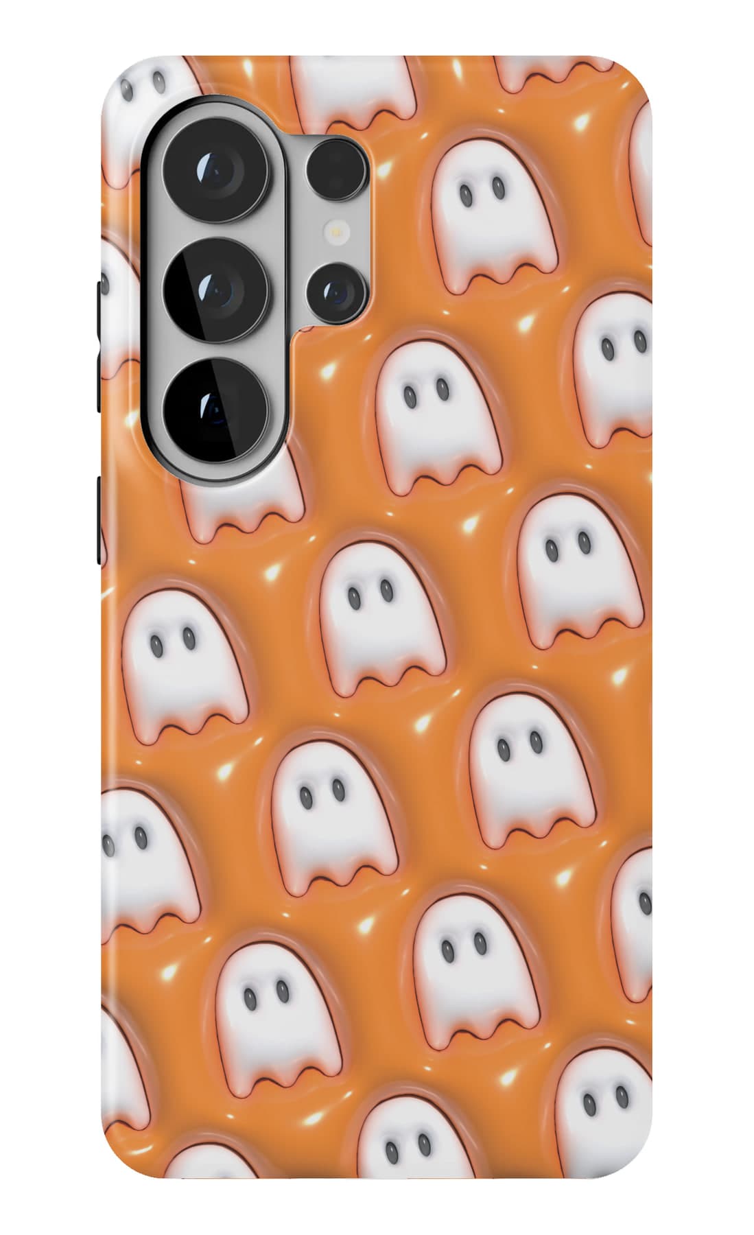 Rows of small ghosts on pumpkin orange. Shown on a Galaxy.