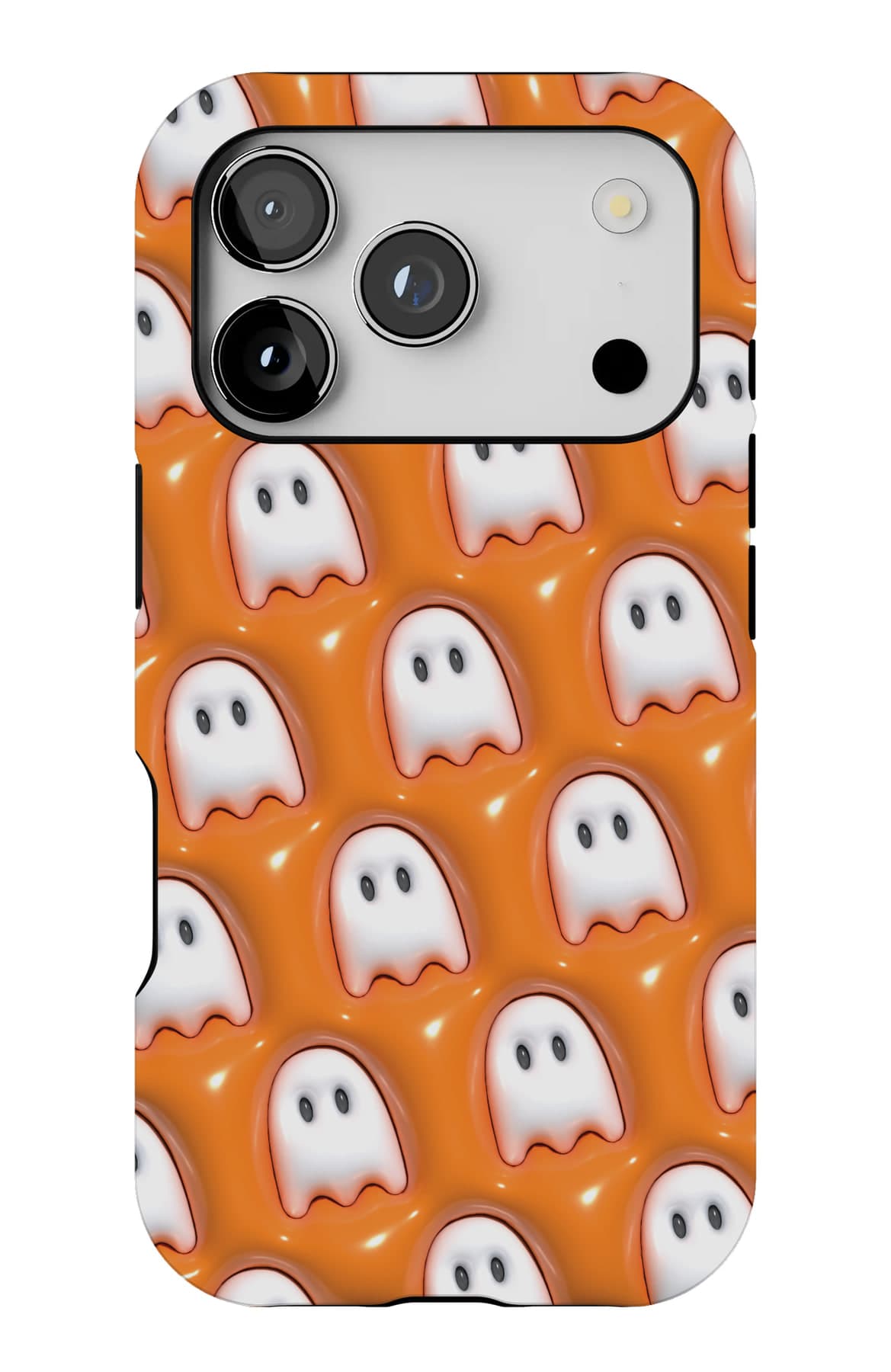 Rows of small ghosts on pumpkin orange. Shown on an iPhone.