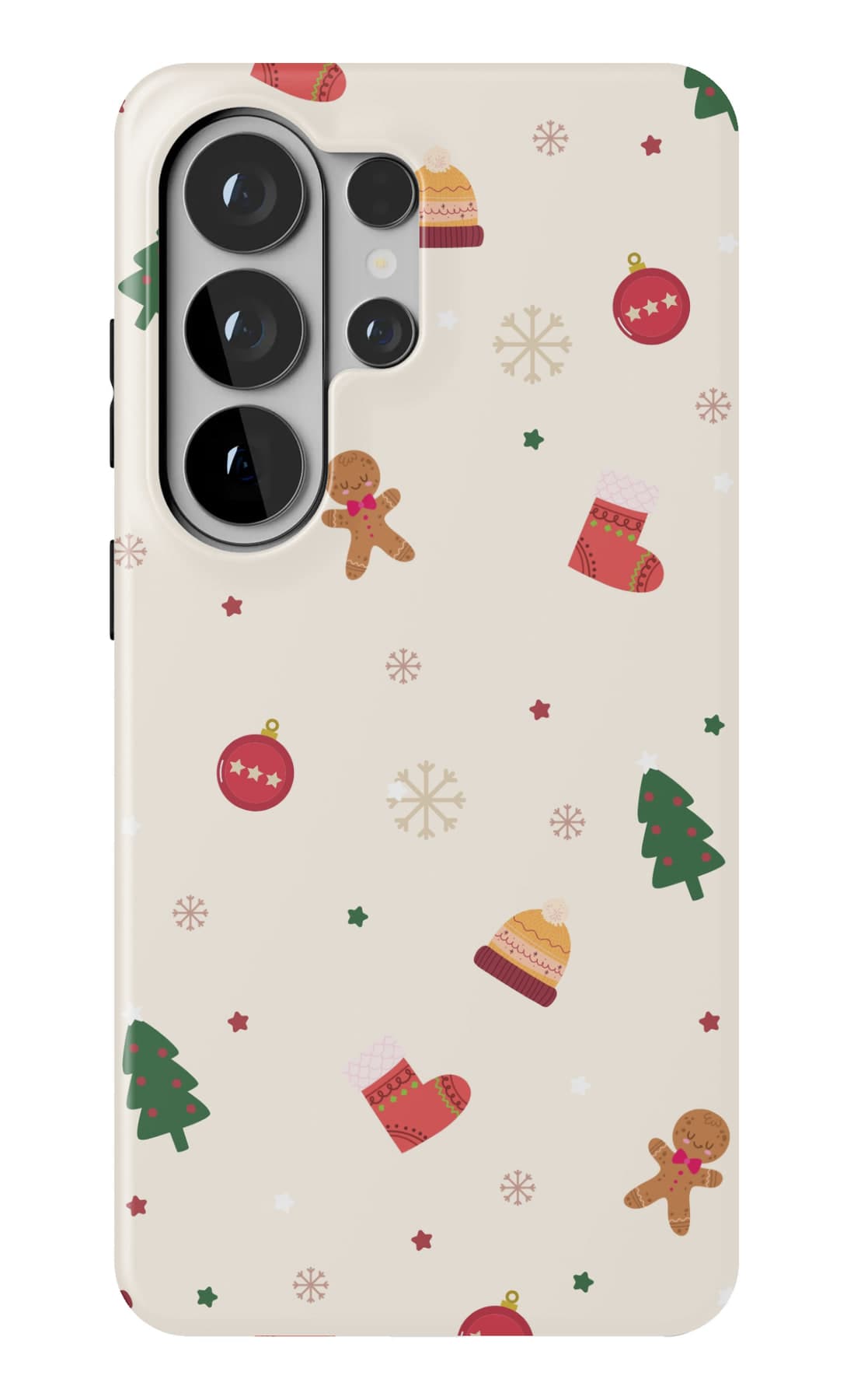 Gingerbread, mittens and baubles on warm cream. Shown on a Galaxy.
