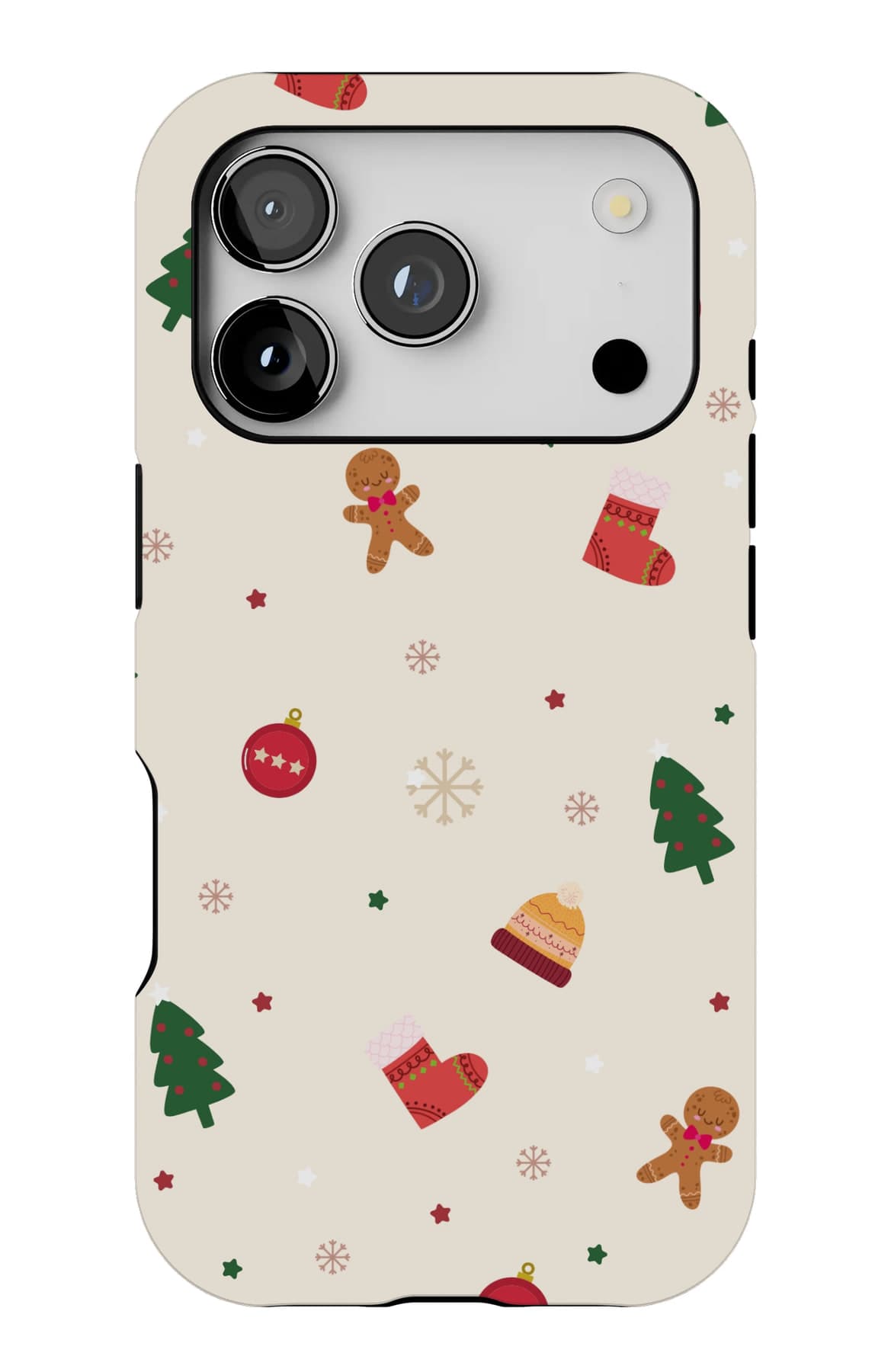 Gingerbread, mittens and baubles on warm cream. Shown on an iPhone.