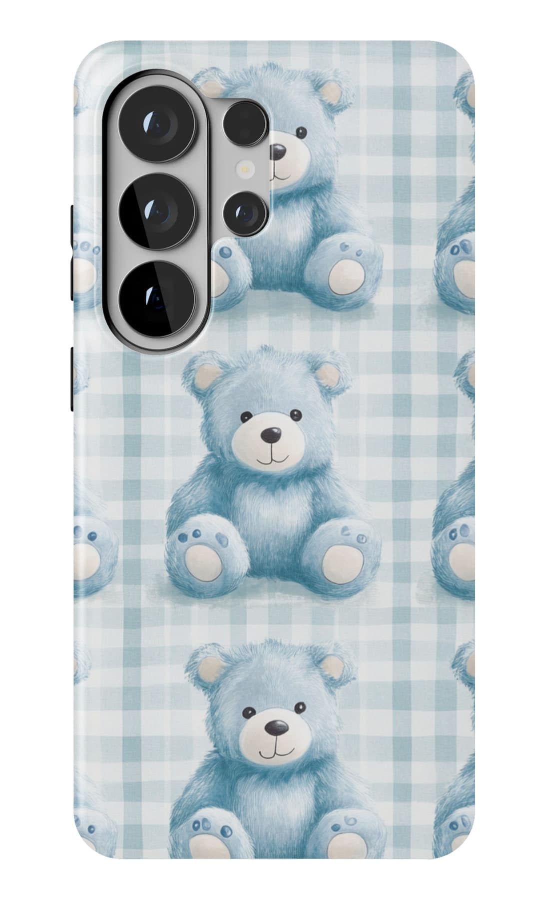 Blue teddies on soft blue gingham. Shown on a Galaxy.