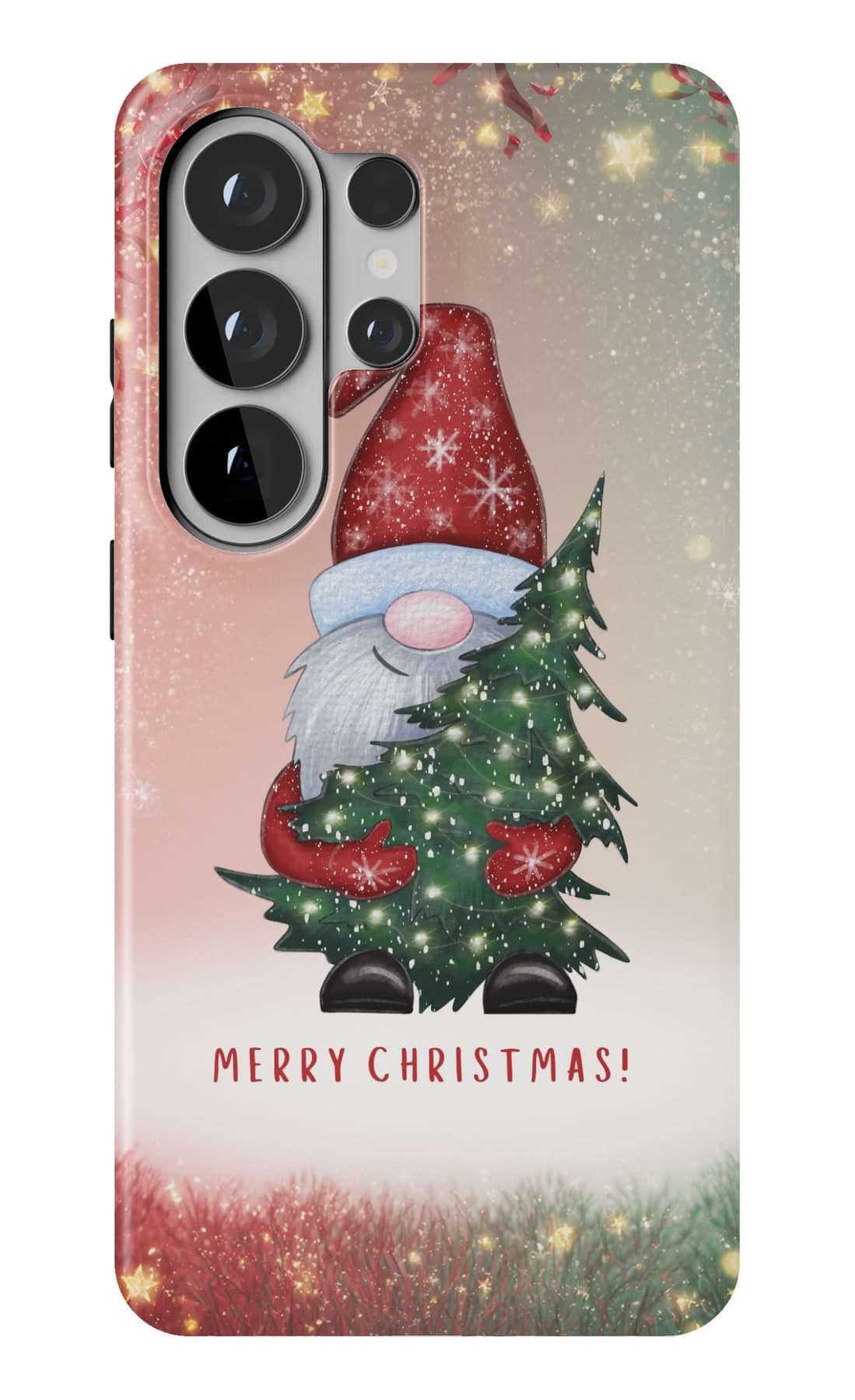 A red-hatted gnome standing guard by the tree. Shown on a Galaxy.
