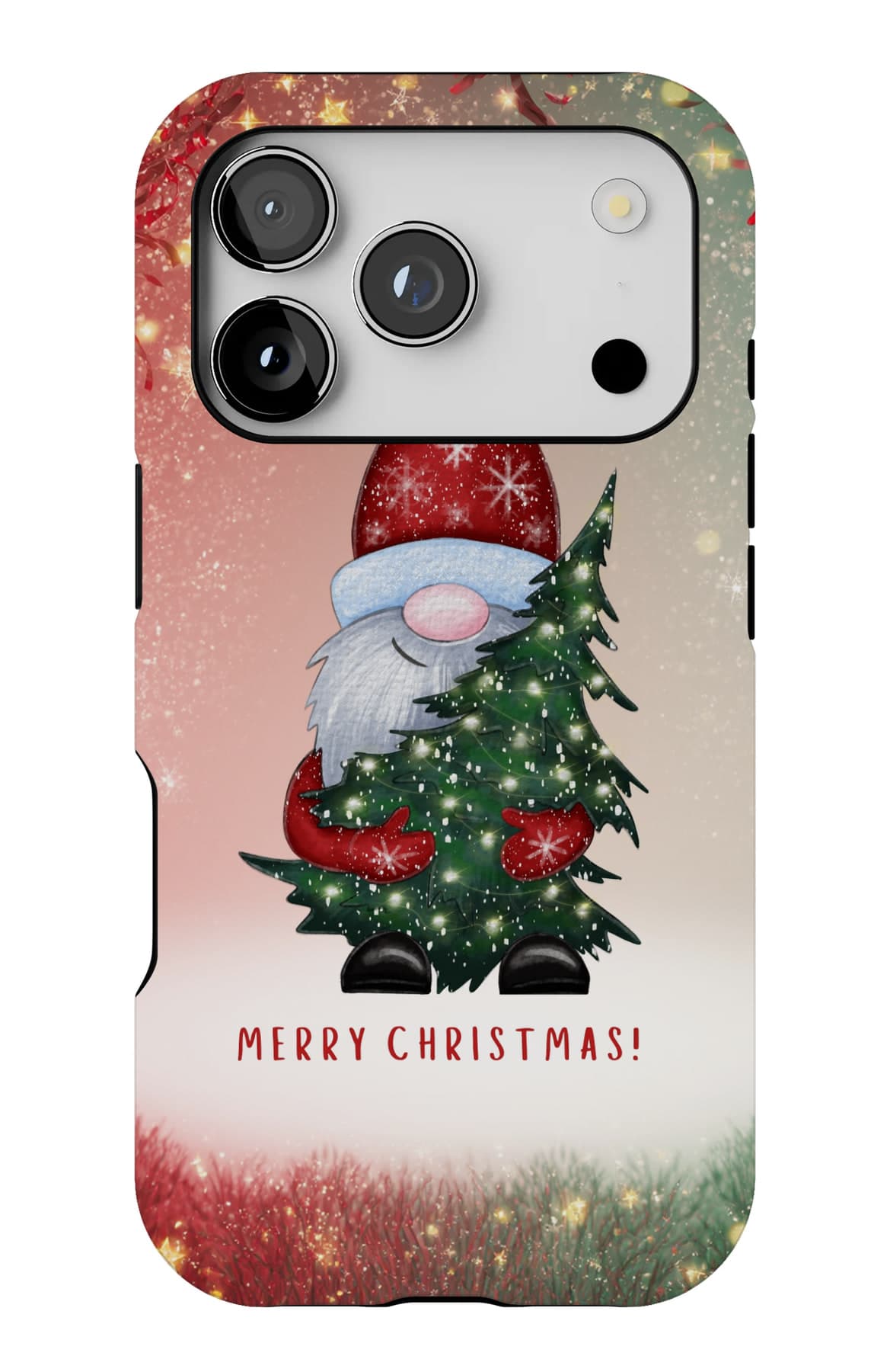 A red-hatted gnome standing guard by the tree. Shown on an iPhone.