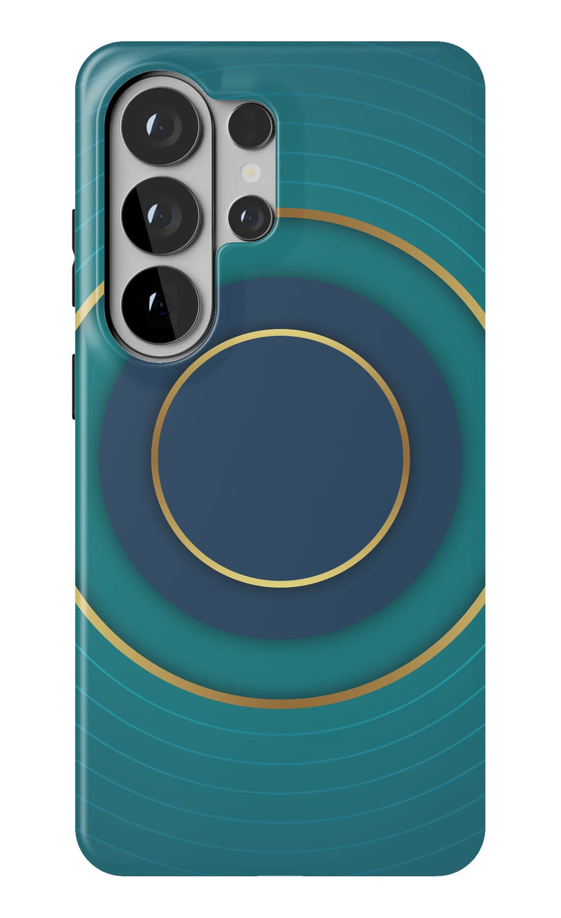 A gold arc cut across teal. Shown on a Galaxy.
