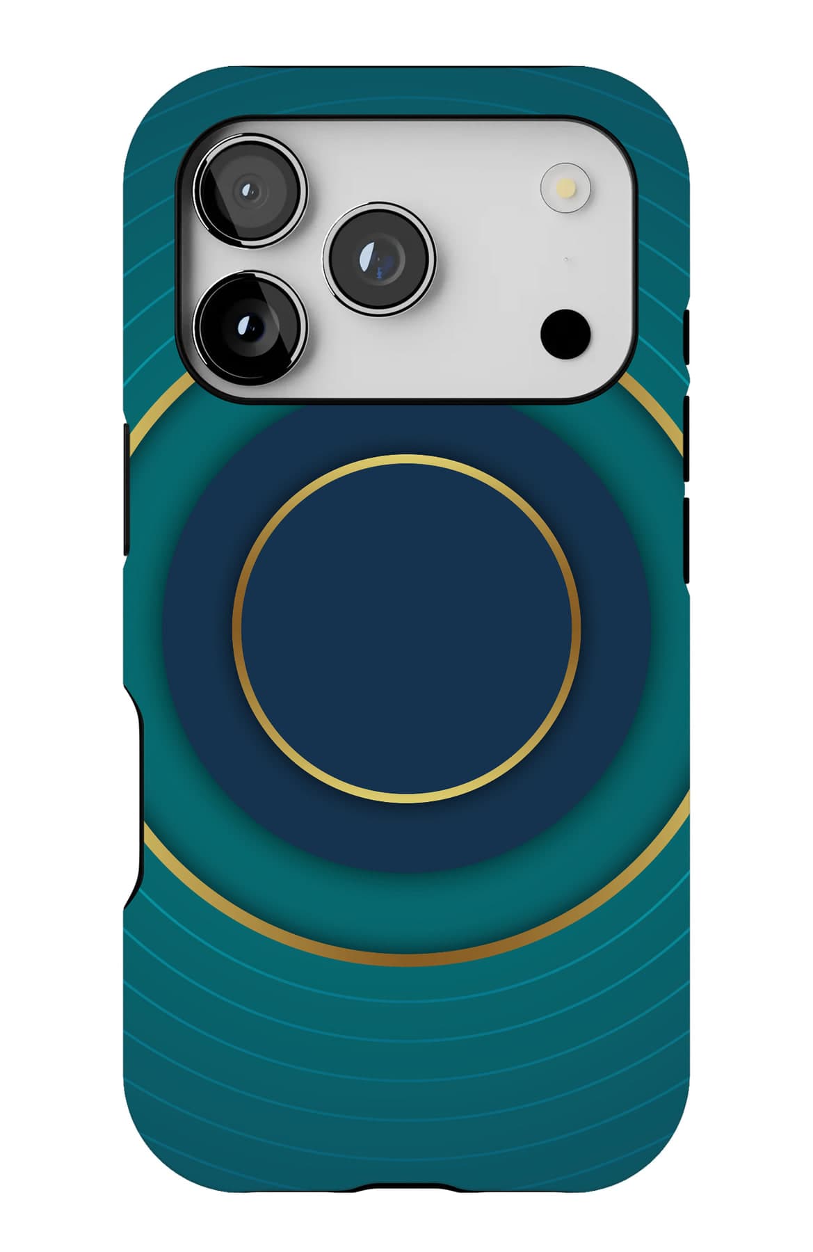 A gold arc cut across teal. Shown on an iPhone.