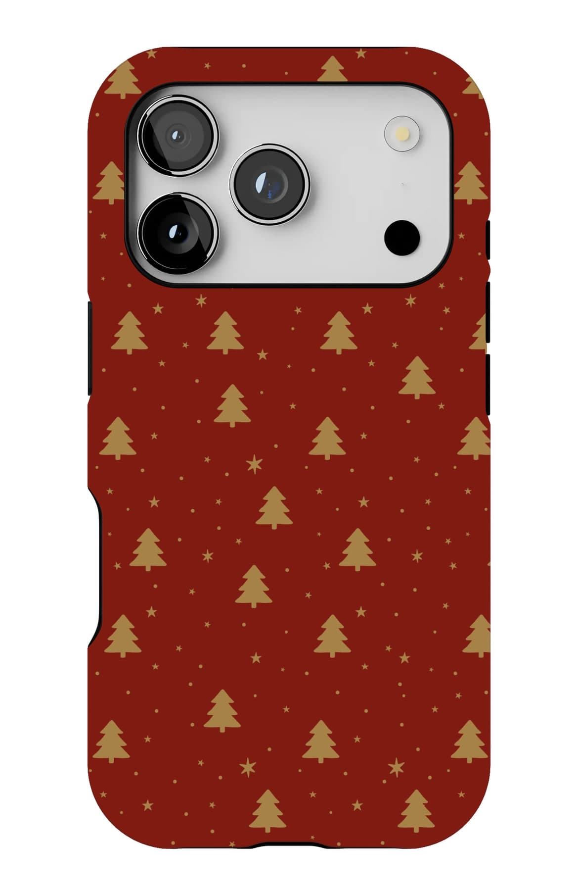 Small gold firs scattered over deep red. Shown on an iPhone.