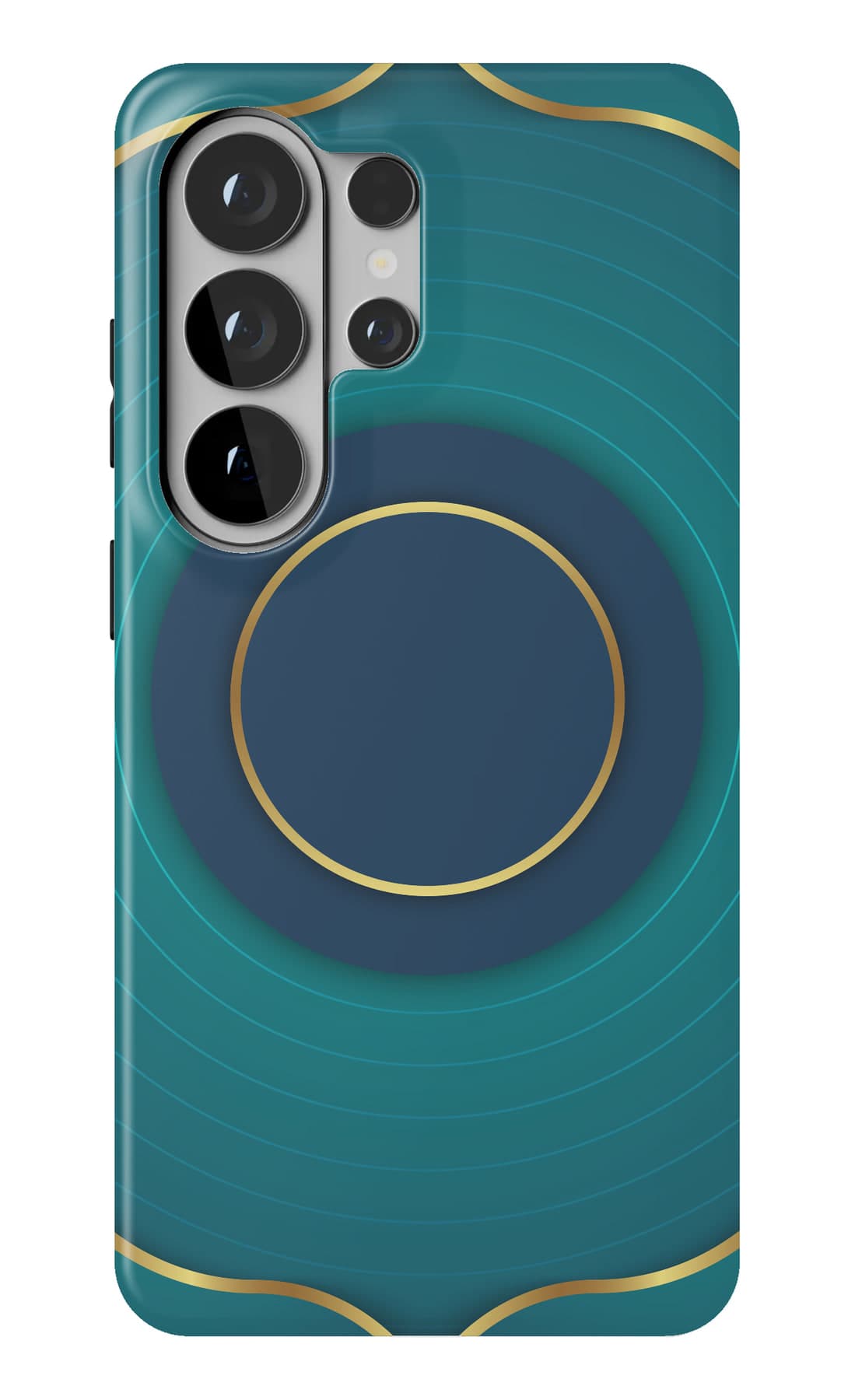 A gold ring on deep teal. Shown on a Galaxy.