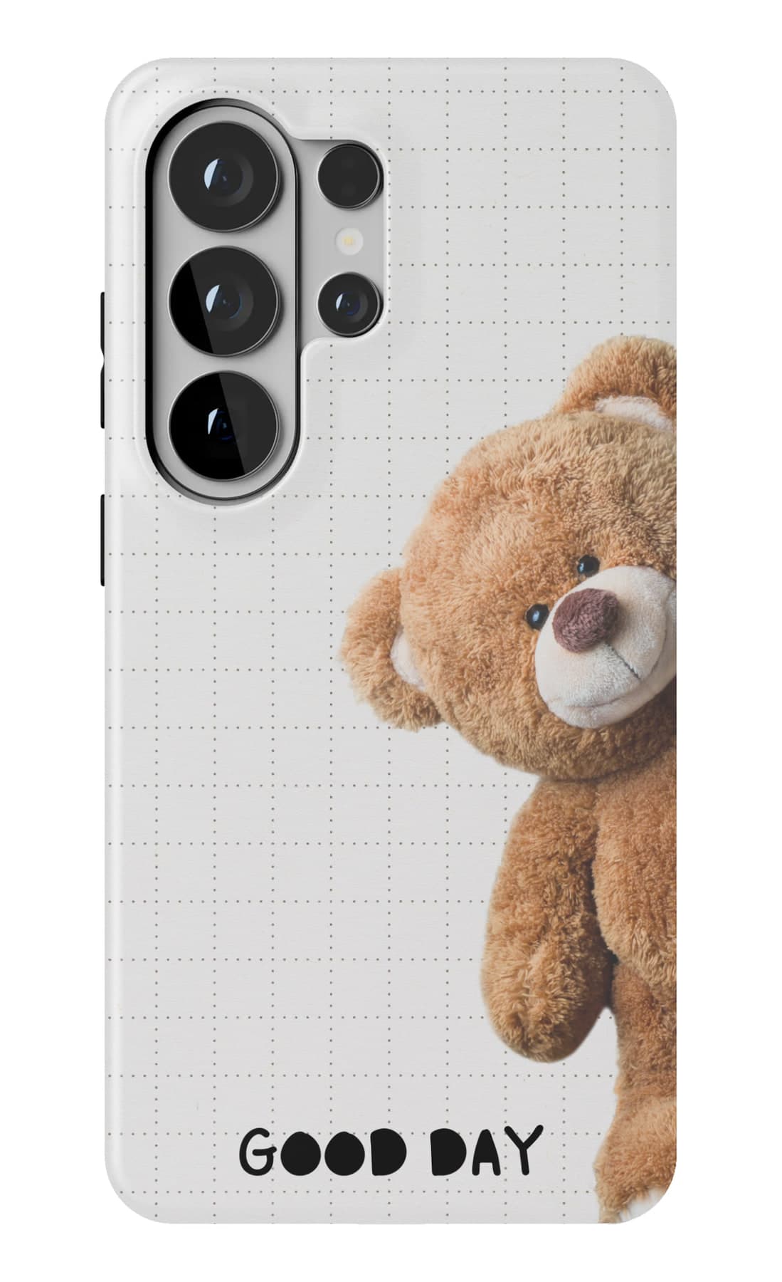 A teddy on grid paper. Good day. Shown on a Galaxy.