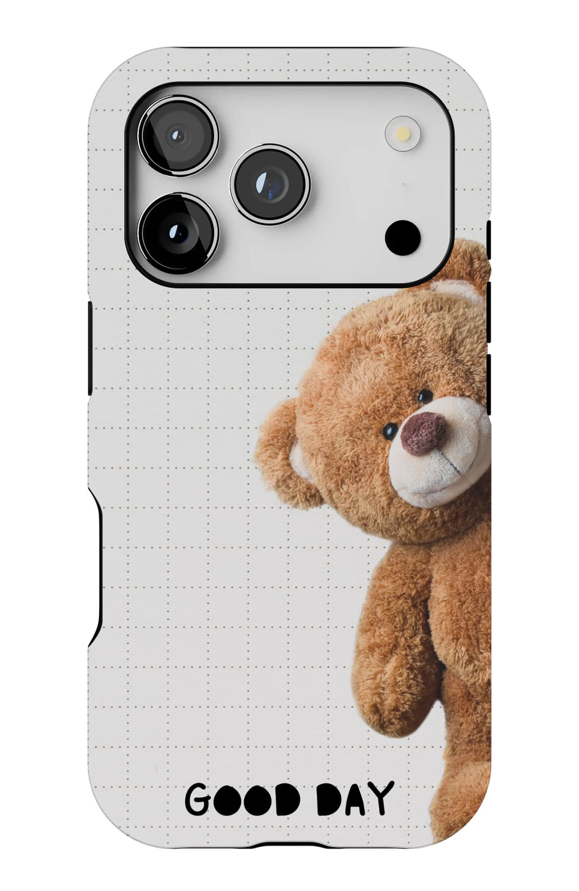 A teddy on grid paper. Good day. Shown on an iPhone.
