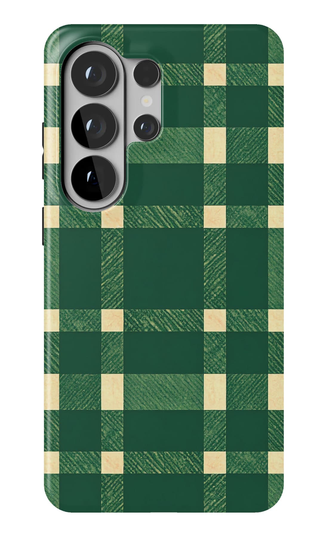 Green and cream, evenly checked. Shown on a Galaxy.