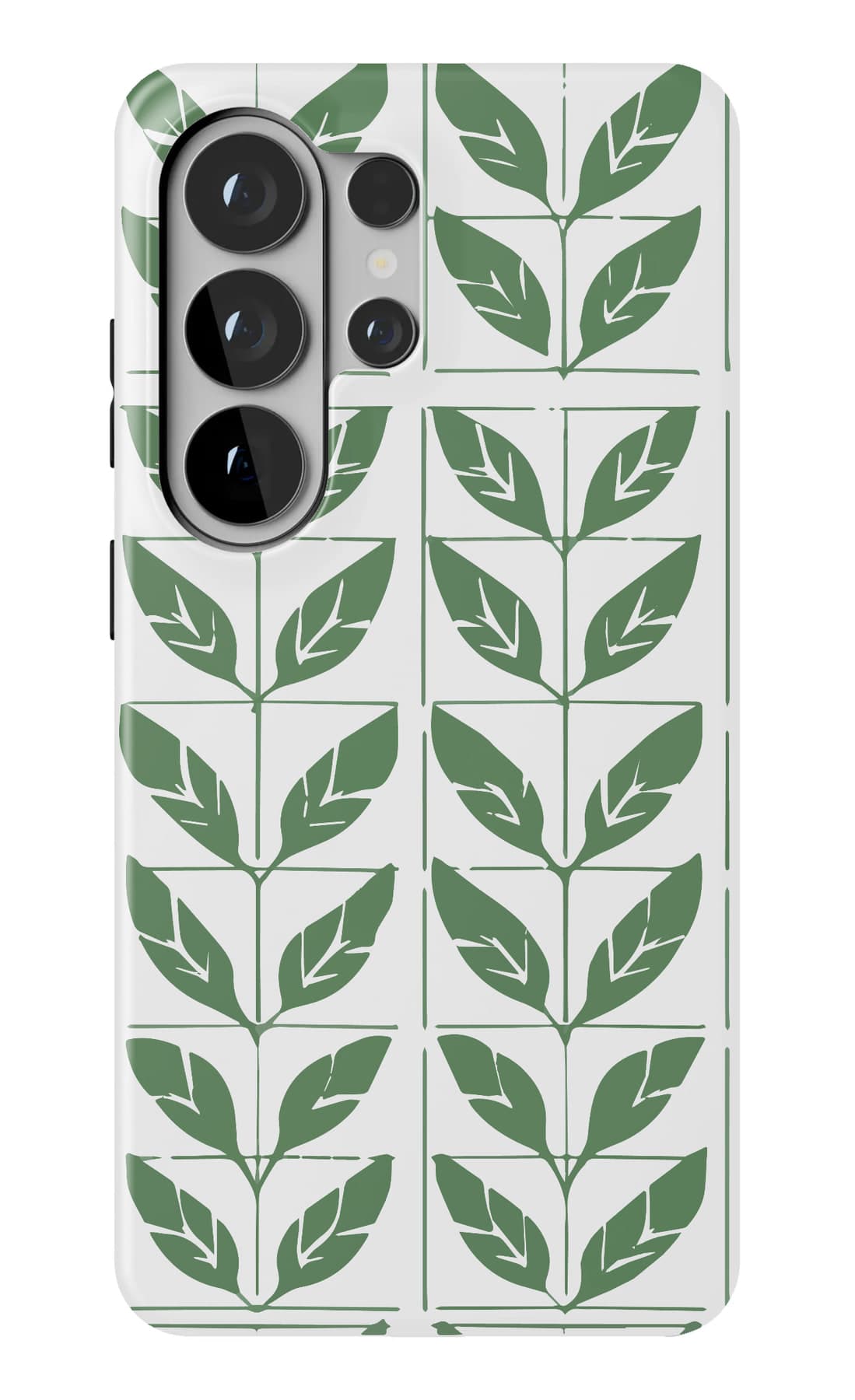 Columns of green leaves on bone white. Shown on a Galaxy.