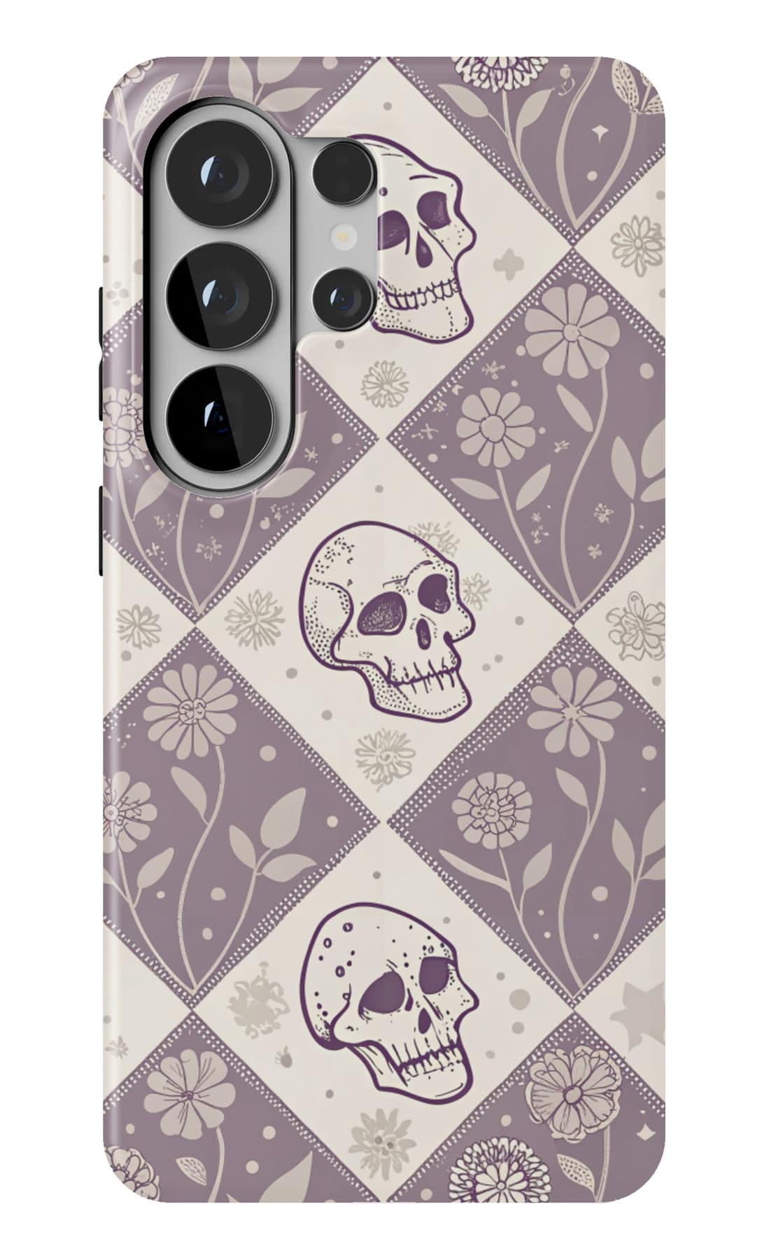 Skulls on a soft grey diamond check. Shown on a Galaxy.