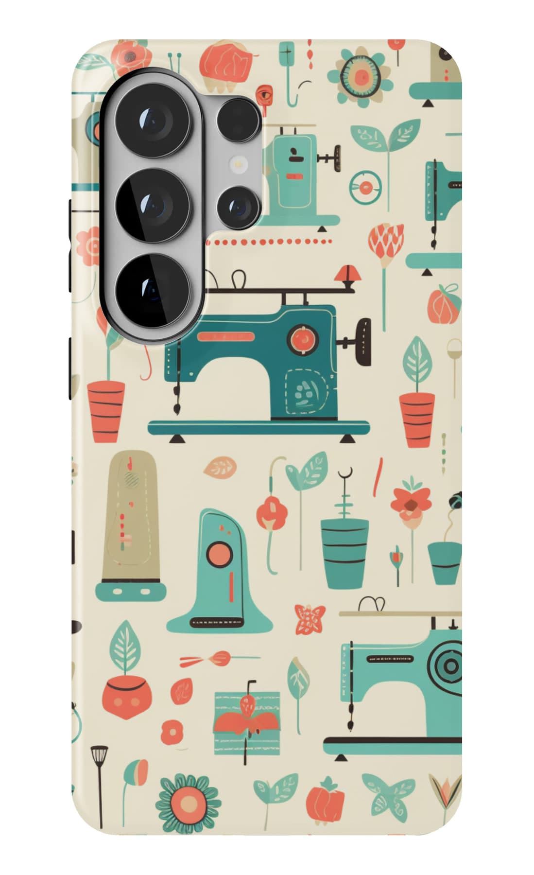 Machines, buttons and bobbins on cream. Shown on a Galaxy.