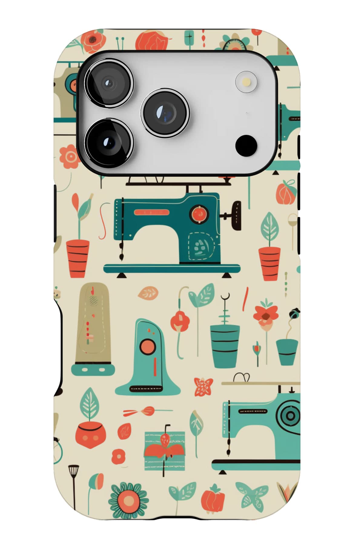Machines, buttons and bobbins on cream. Shown on an iPhone.