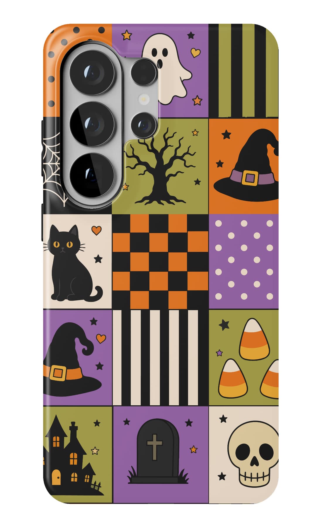 Witches, cats and cauldrons in a checker grid. Shown on a Galaxy.