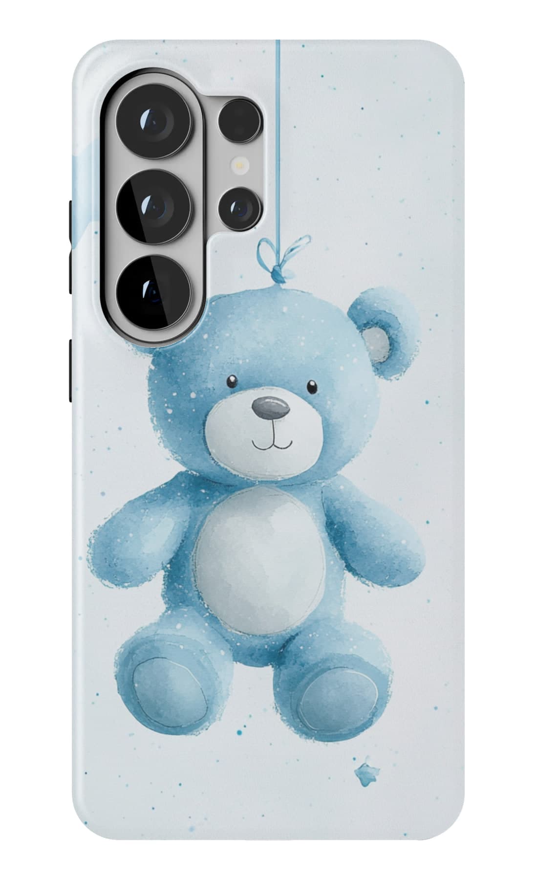 A pale blue teddy hung among stars. Shown on a Galaxy.