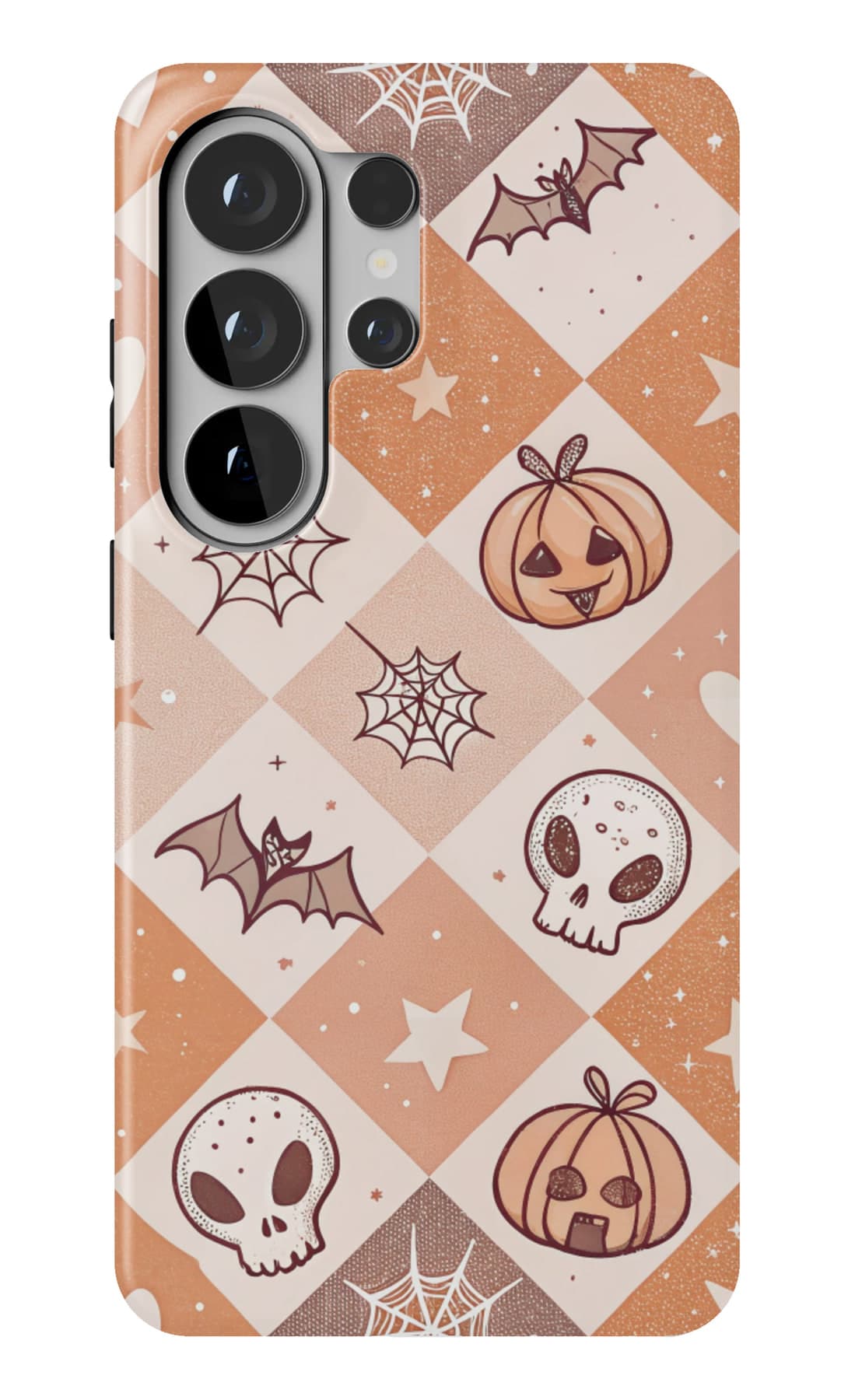 Pumpkins and skulls on a diamond check. Shown on a Galaxy.
