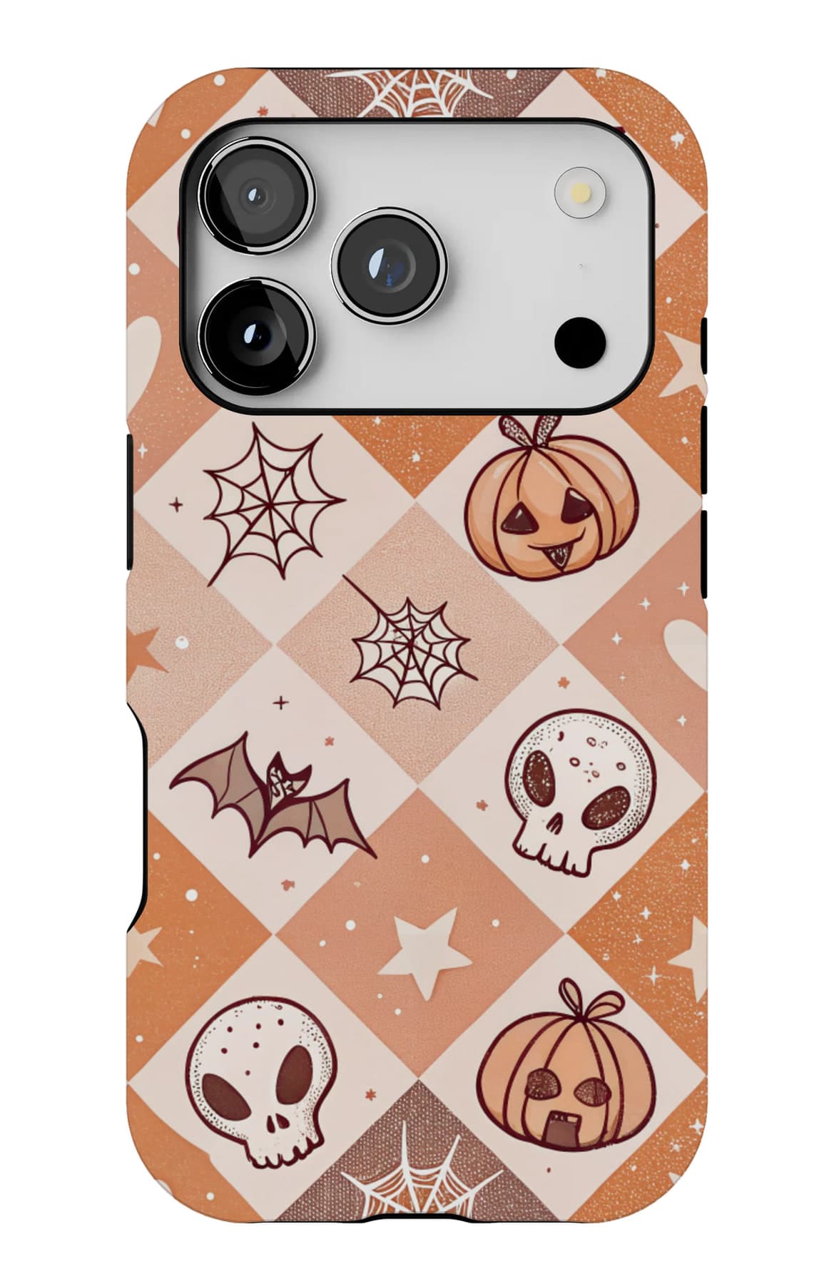 Pumpkins and skulls on a diamond check. Shown on an iPhone.