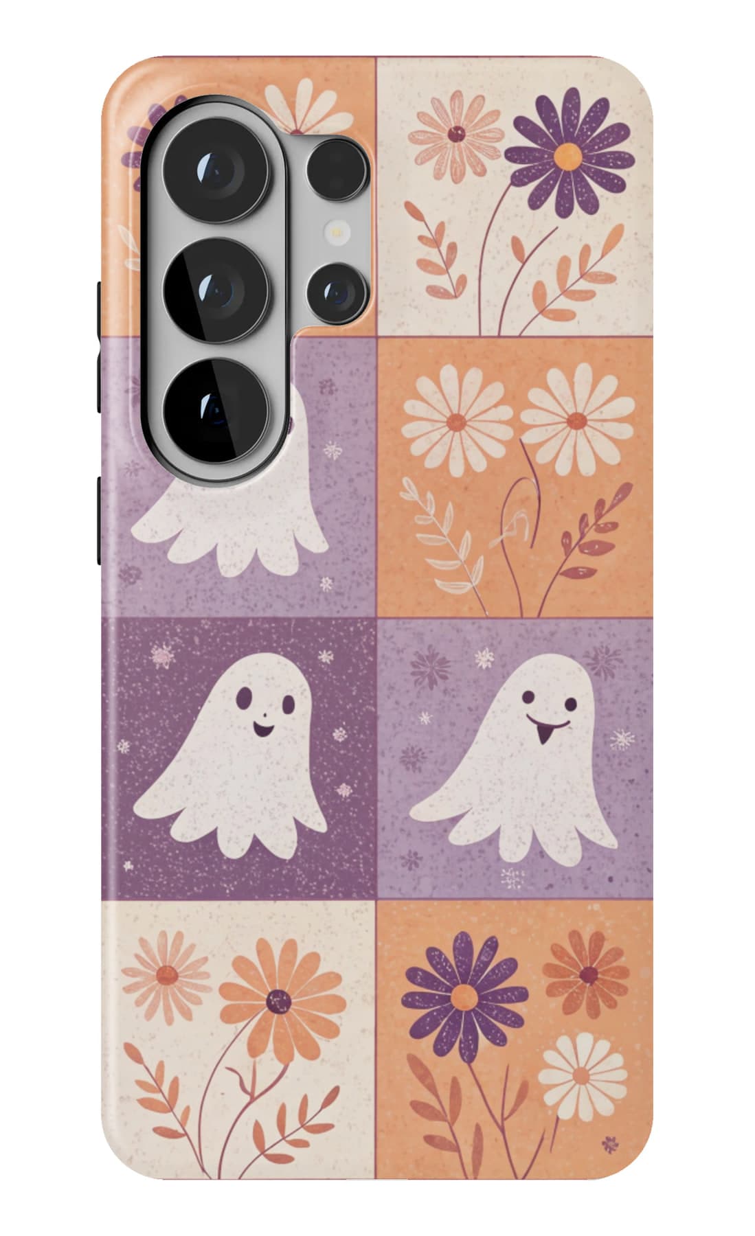 Ghosts on a check of orange and purple. Shown on a Galaxy.