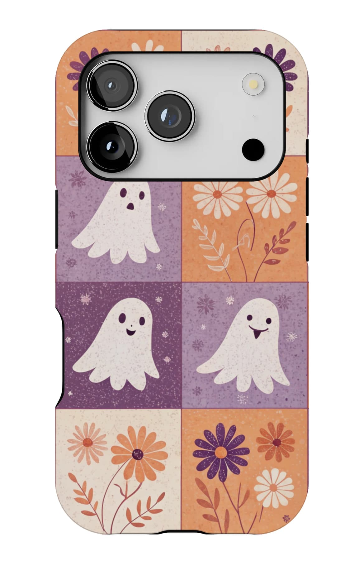 Ghosts on a check of orange and purple. Shown on an iPhone.