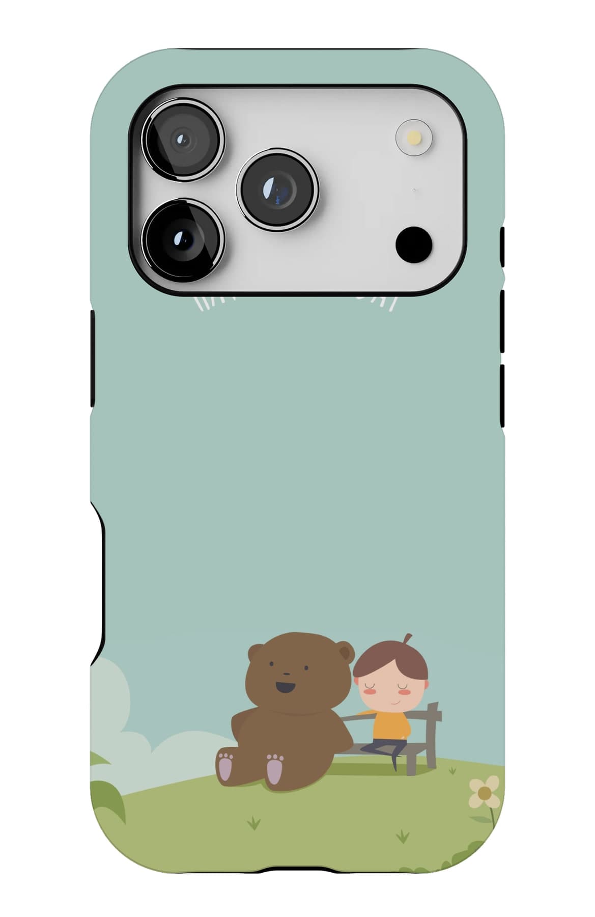 A bear on a green hill, wishing you well. Shown on an iPhone.