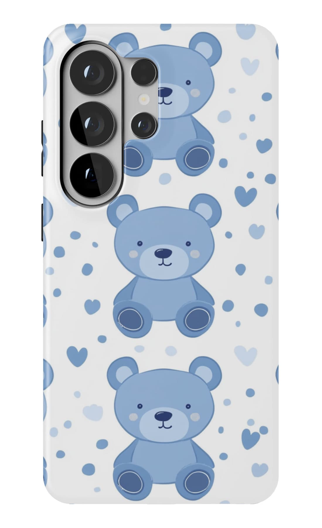 Blue teddies and small hearts on pale blue. Shown on a Galaxy.