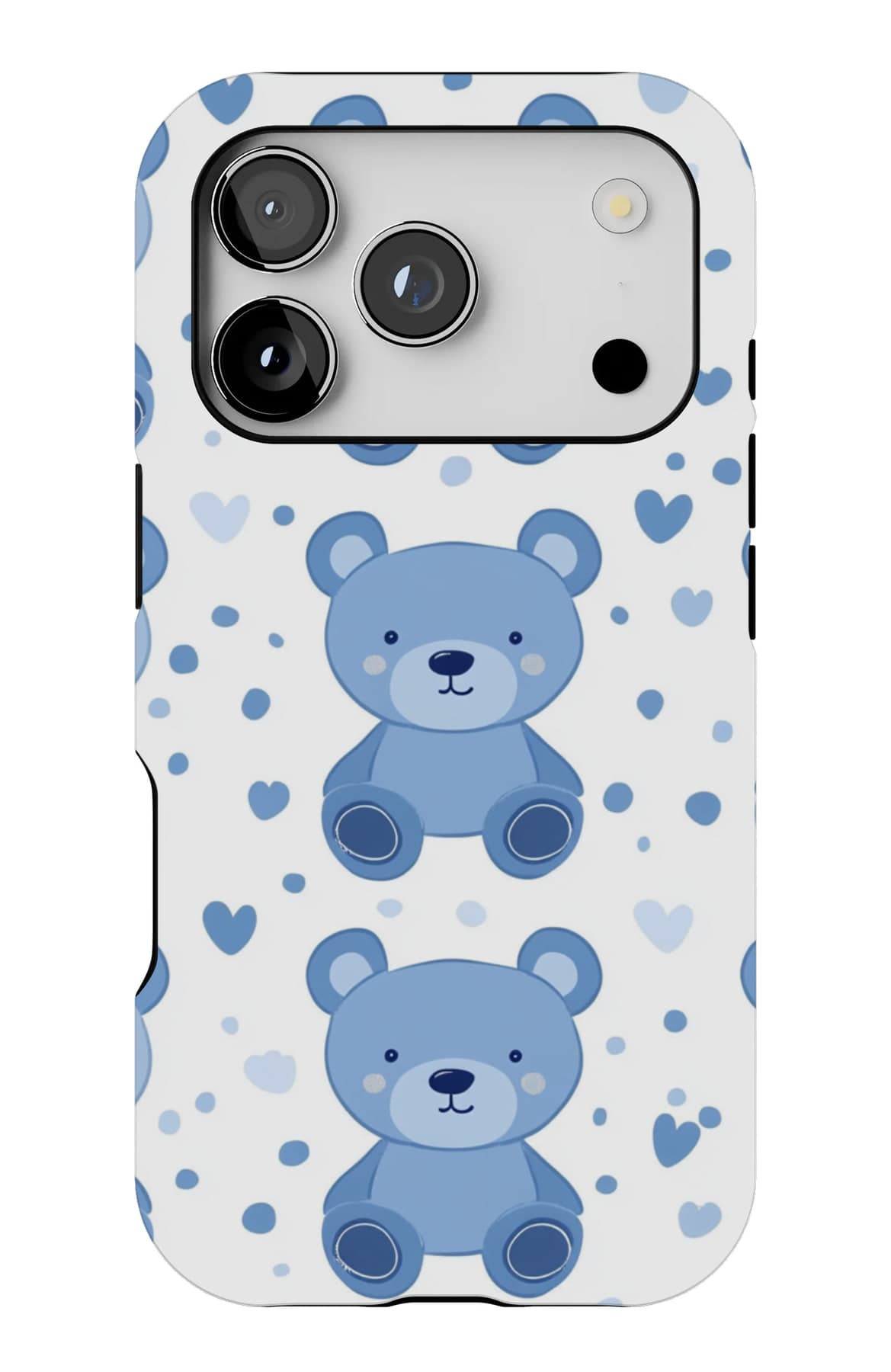 Blue teddies and small hearts on pale blue. Shown on an iPhone.