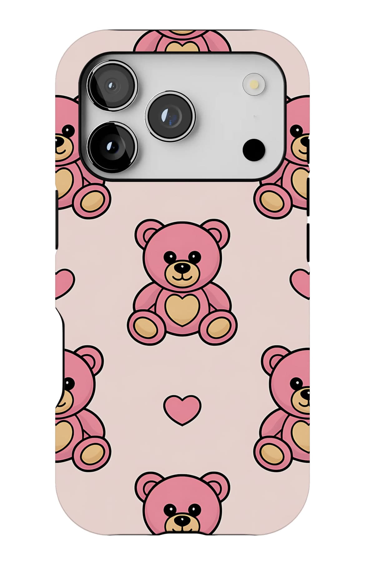 Pink teddies and hearts on soft pink. Shown on an iPhone.